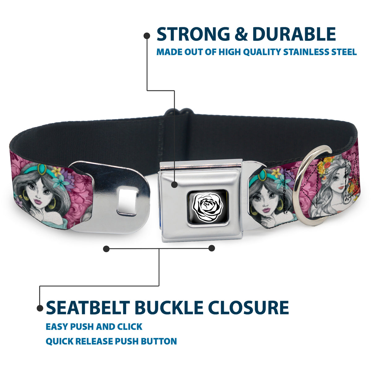 Princess Rose Full Color Grays/White/Black Seatbelt Buckle Collar - Princess Sketch Poses/Floral Collage Pinks/Grays Dog Collars Seatbelt Buckle Disney