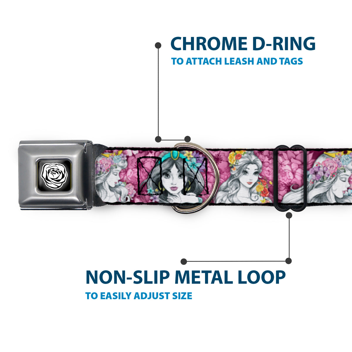 Princess Rose Full Color Grays/White/Black Seatbelt Buckle Collar - Princess Sketch Poses/Floral Collage Pinks/Grays Dog Collars Seatbelt Buckle Disney
