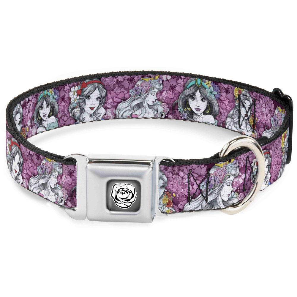 Princess Rose Full Color Grays/White/Black Seatbelt Buckle Collar - Princess Sketch Poses/Floral Collage Pinks/Grays Dog Collars Seatbelt Buckle Disney