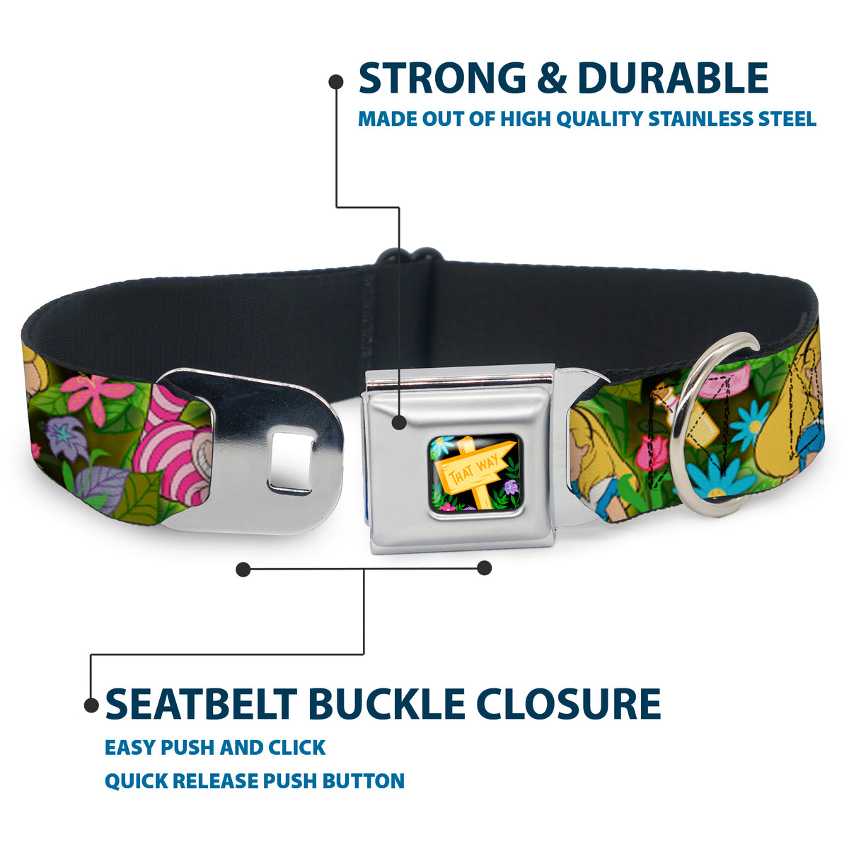 Alice in Wonderland THIS WAY Sign/Flowers Full Color Seatbelt Buckle Collar - Alice & Cheshire Cat Poses/Flowers Dog Collars Seatbelt Buckle Disney