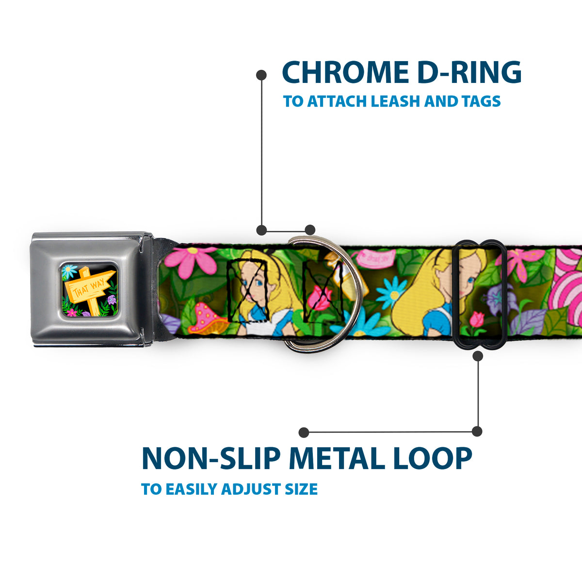 Alice in Wonderland THIS WAY Sign/Flowers Full Color Seatbelt Buckle Collar - Alice & Cheshire Cat Poses/Flowers Dog Collars Seatbelt Buckle Disney