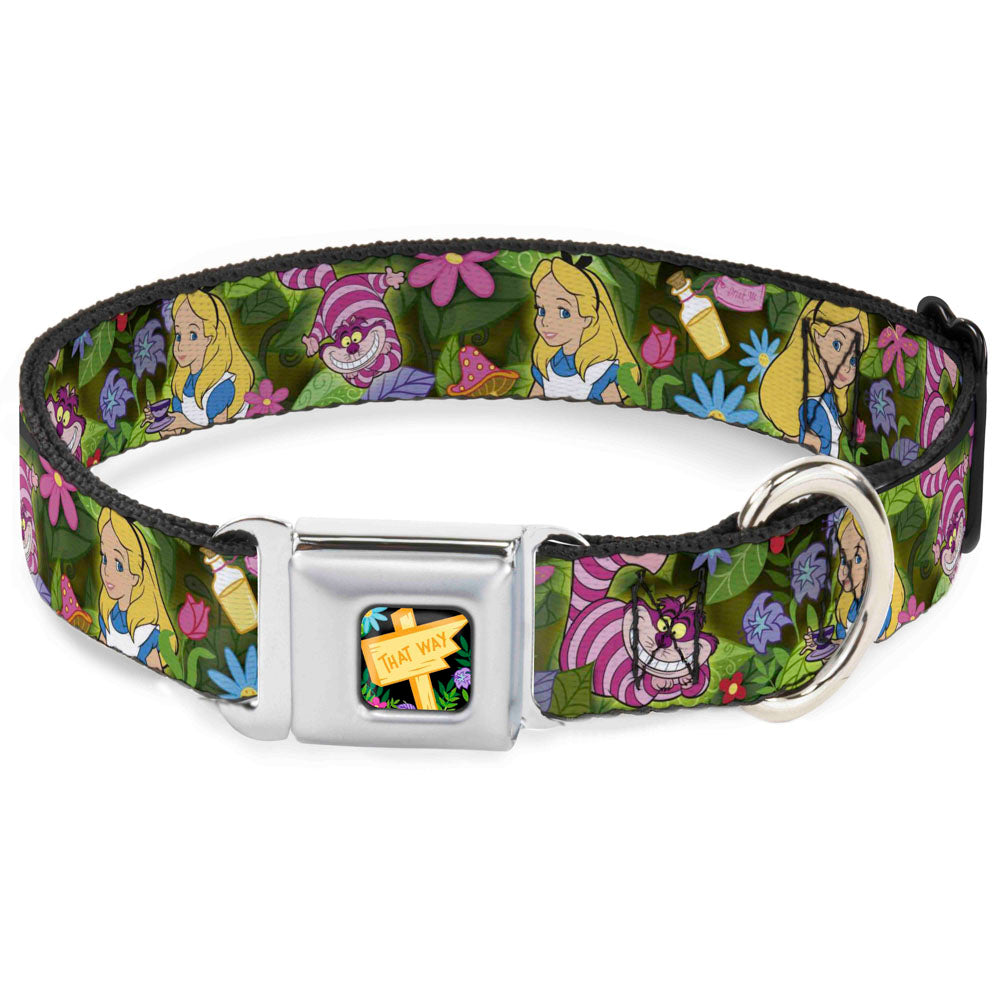 Alice in Wonderland THIS WAY Sign/Flowers Full Color Seatbelt Buckle Collar - Alice & Cheshire Cat Poses/Flowers Dog Collars Seatbelt Buckle Disney
