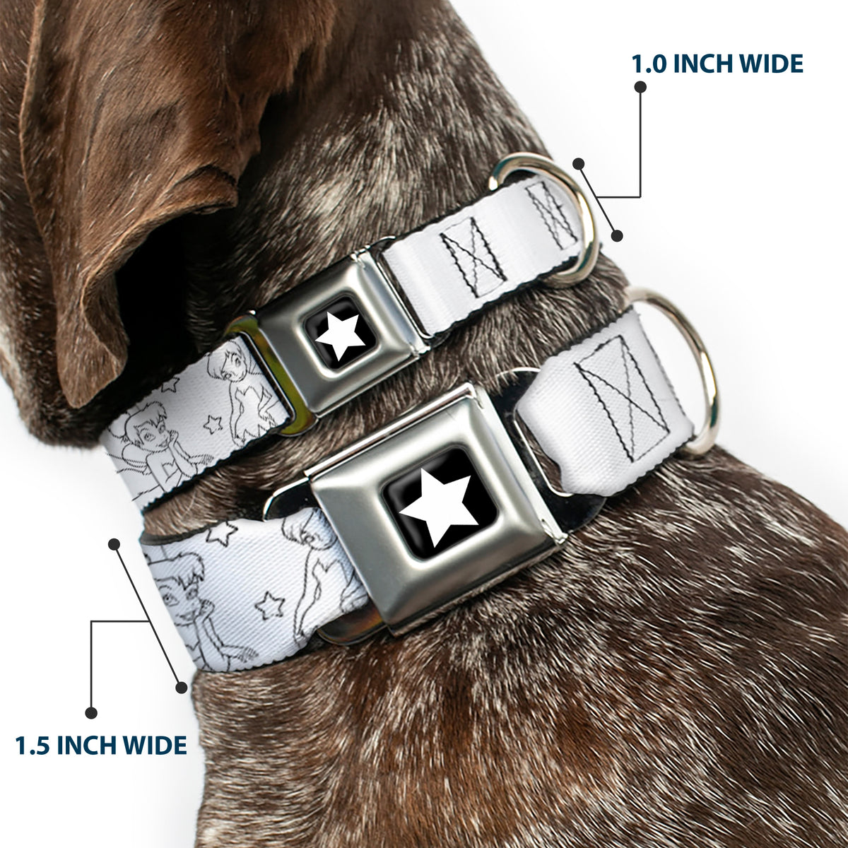 Tinker Bell Star Full Color Black/White Seatbelt Buckle Collar - Tinker Bell Poses/Stars Outline White/Black Dog Collars Seatbelt Buckle Disney