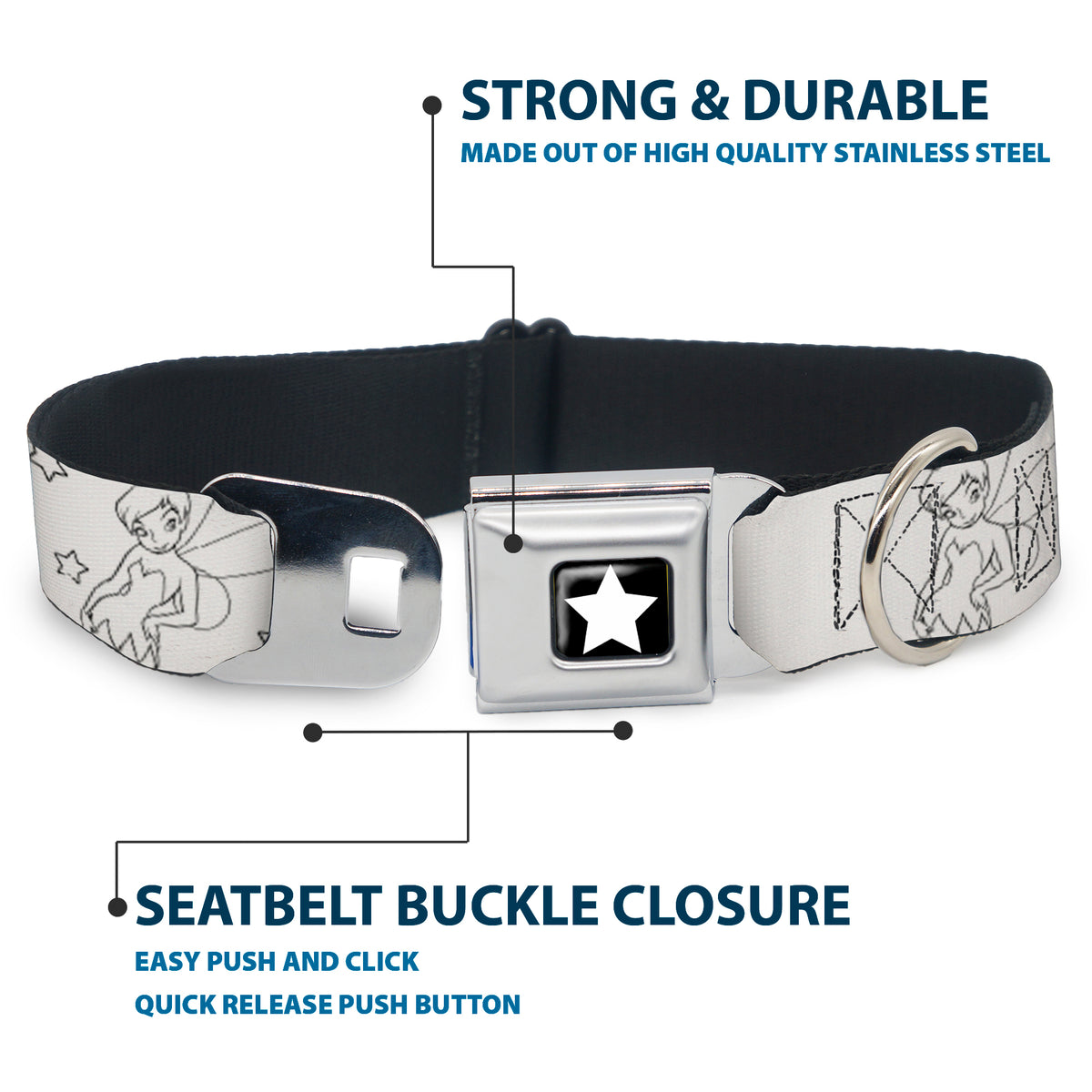 Tinker Bell Star Full Color Black/White Seatbelt Buckle Collar - Tinker Bell Poses/Stars Outline White/Black Dog Collars Seatbelt Buckle Disney