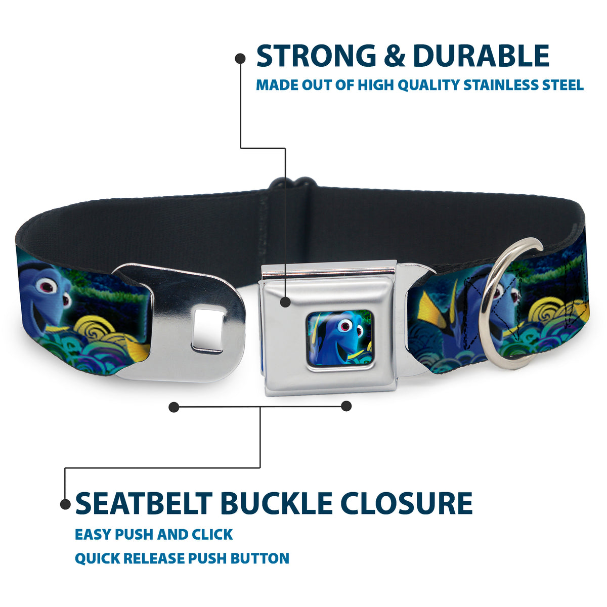 Dory Pose2/Swirls Full Color Blues/Yellows Seatbelt Buckle Collar - Dory Poses/Swirls Blues/Yellows Dog Collars Seatbelt Buckle Disney