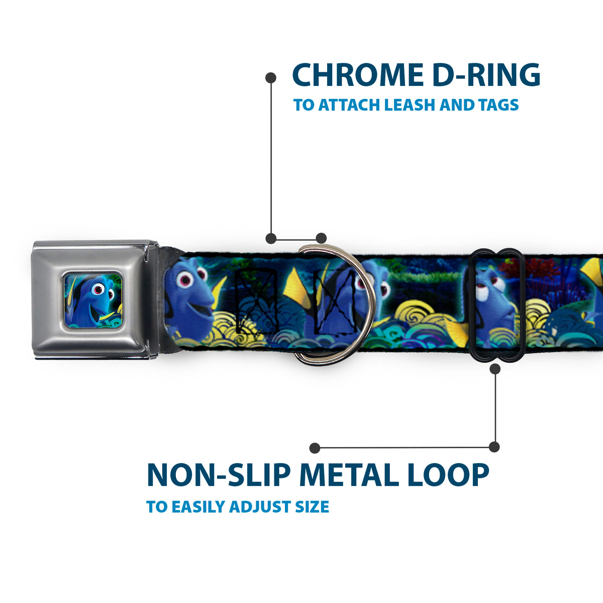 Dory Pose2/Swirls Full Color Blues/Yellows Seatbelt Buckle Collar - Dory Poses/Swirls Blues/Yellows Dog Collars Seatbelt Buckle Disney