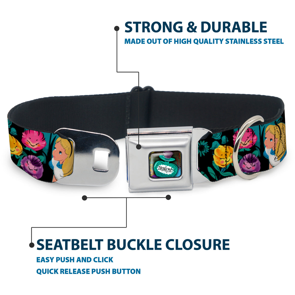 Alice in Wonderland DRINK ME Bottle Full Color Seatbelt Buckle Collar - Alice/Cheshire Cat/Flowers Poses Black/Multi Color Dog Collars Seatbelt Buckle Disney