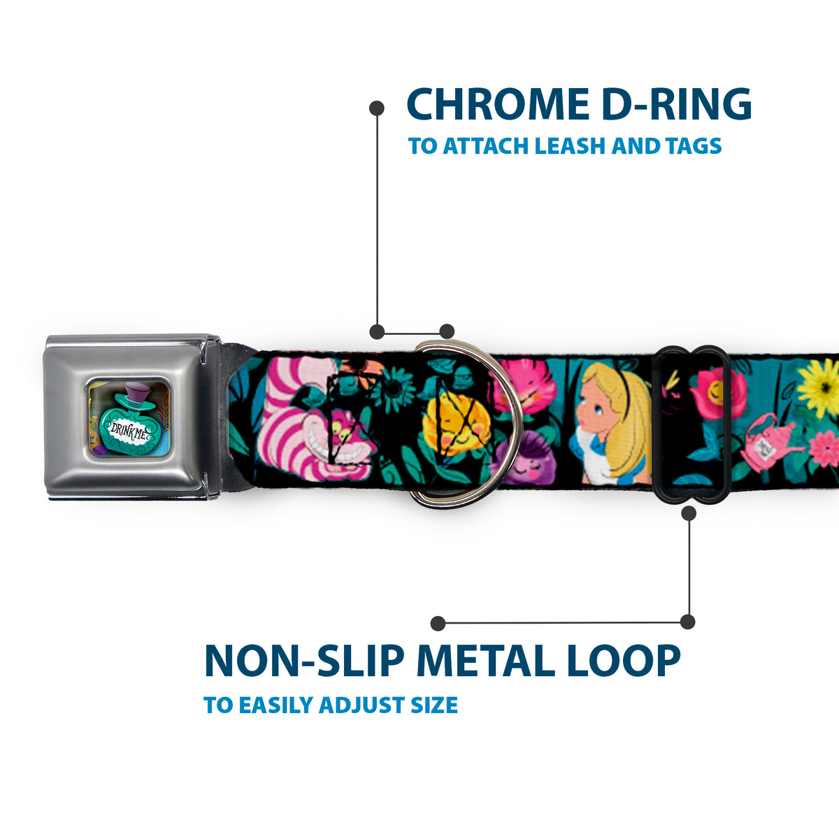 Alice in Wonderland DRINK ME Bottle Full Color Seatbelt Buckle Collar - Alice/Cheshire Cat/Flowers Poses Black/Multi Color Dog Collars Seatbelt Buckle Disney