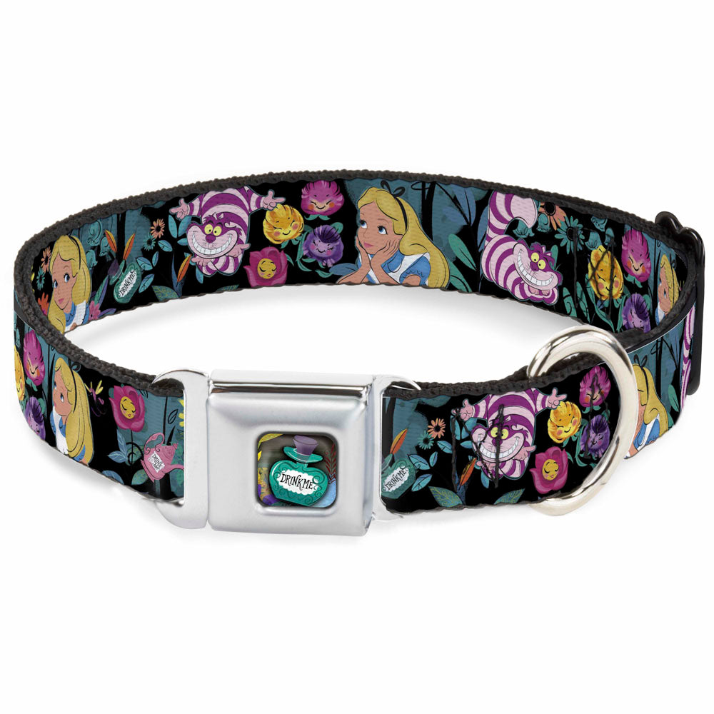 Alice in Wonderland DRINK ME Bottle Full Color Seatbelt Buckle Collar - Alice/Cheshire Cat/Flowers Poses Black/Multi Color Dog Collars Seatbelt Buckle Disney