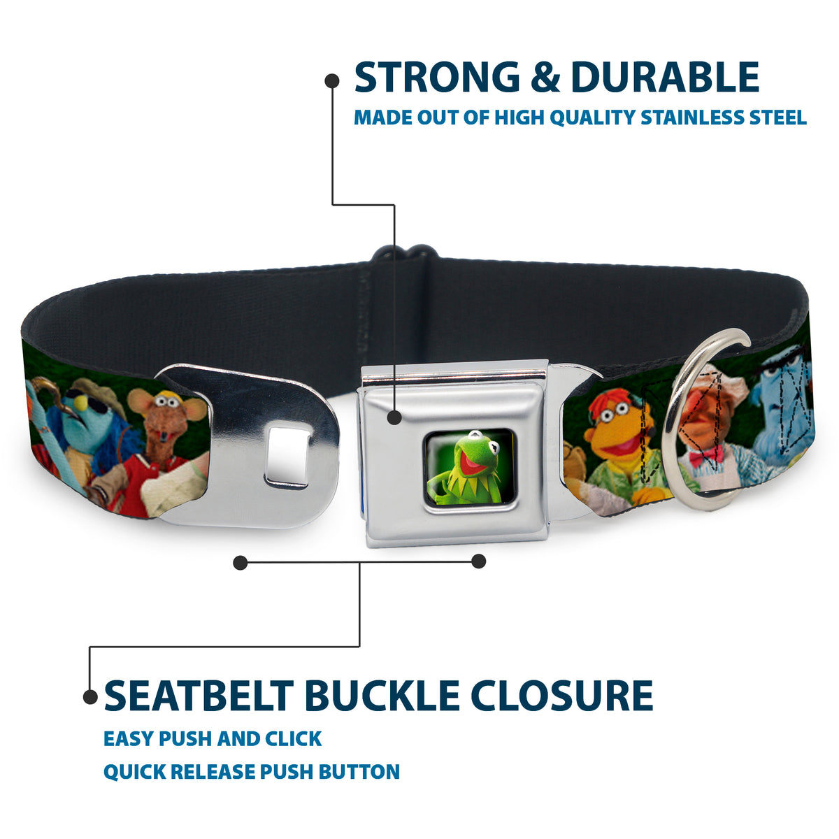 Kermit the Frog Pose Full Color Green Glow Seatbelt Buckle Collar - Muppets 20-Character Group Pose Greens Dog Collars Seatbelt Buckle Disney