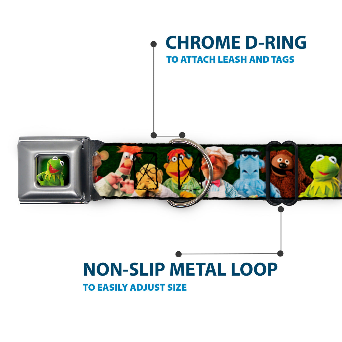 Kermit the Frog Pose Full Color Green Glow Seatbelt Buckle Collar - Muppets 20-Character Group Pose Greens Dog Collars Seatbelt Buckle Disney