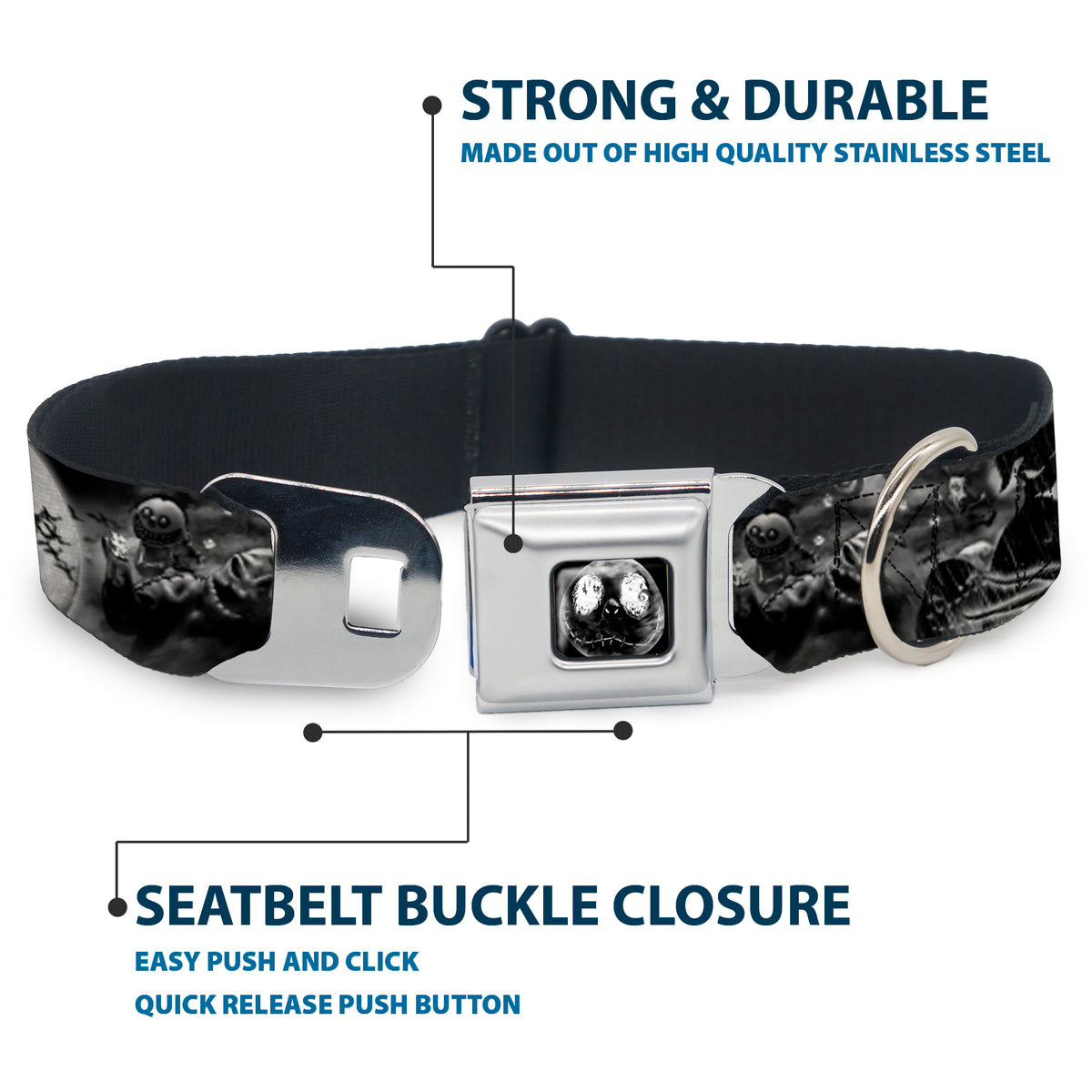 Jack Moon Oogie Boogie Face Full Color Black Grays Seatbelt Buckle Collar - Jack & Oogie Boogie Scenes Grays Dog Collars Seatbelt Buckle Disney