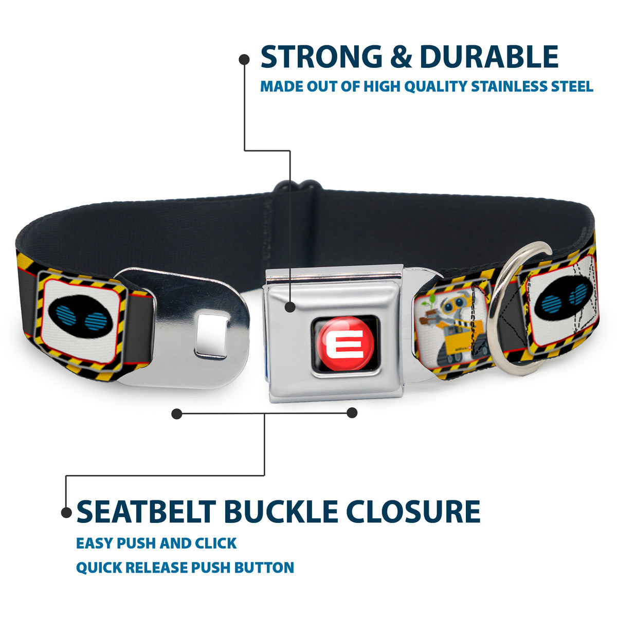 WALL-E Logo Full Color Black Red White Seatbelt Buckle Collar - WALL-E & EVE Pose/Face Hazard Blocks Gray/Yellow/Black Dog Collars Seatbelt Buckle Disney