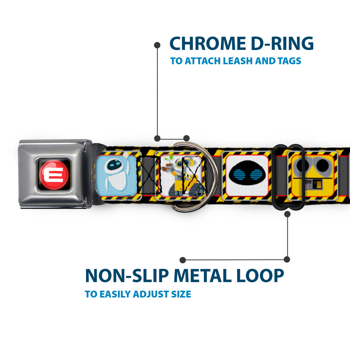 WALL-E Logo Full Color Black Red White Seatbelt Buckle Collar - WALL-E & EVE Pose/Face Hazard Blocks Gray/Yellow/Black Dog Collars Seatbelt Buckle Disney
