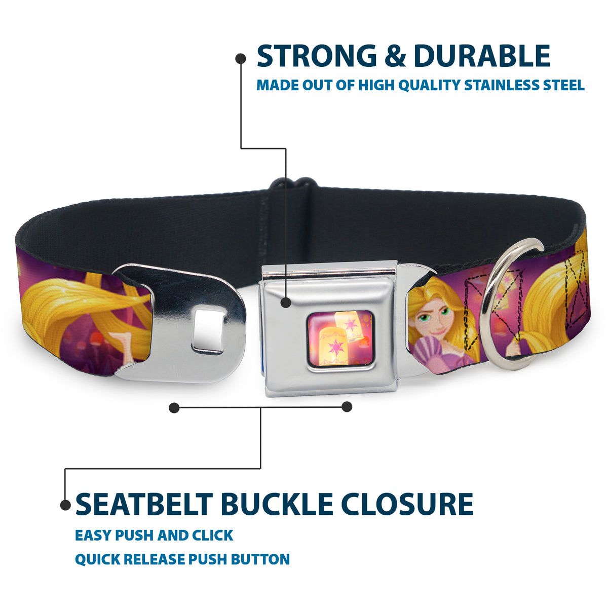 Tangled Lights Light Full Color Purple/Gold Seatbelt Buckle Collar - Rapunzel 4-Tangled Poses/Pascal/Lights Light Purples Dog Collars Seatbelt Buckle Disney