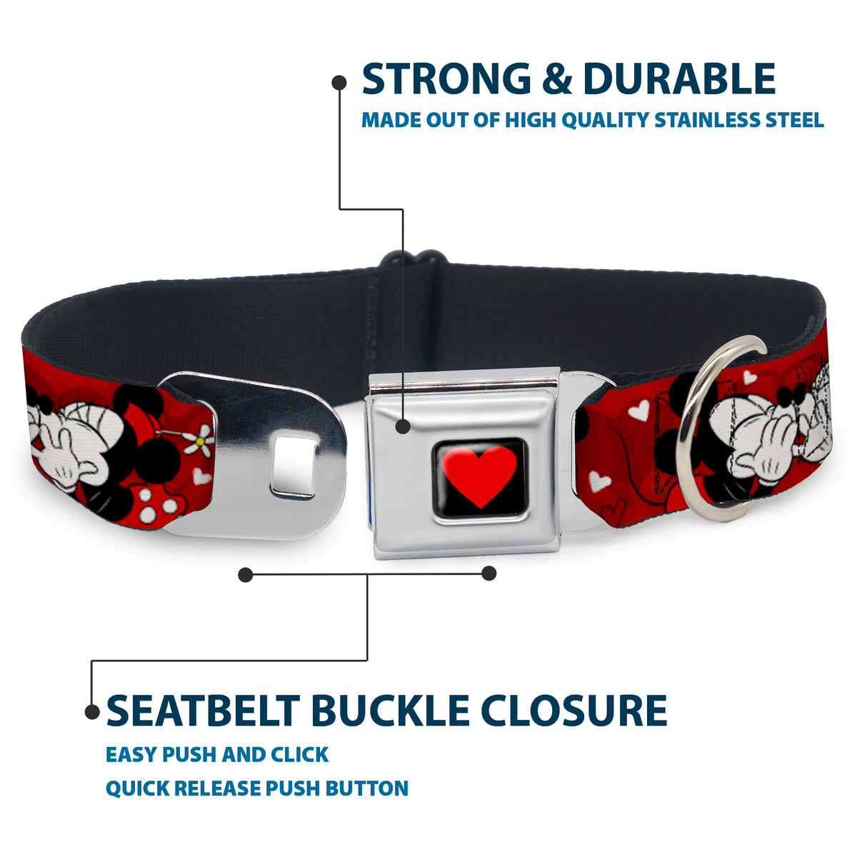 Heart Full Color Black/Red Seatbelt Buckle Collar - Mickey & Minnie HUGS & KISSES Poses Reds/White Dog Collars Seatbelt Buckle Disney