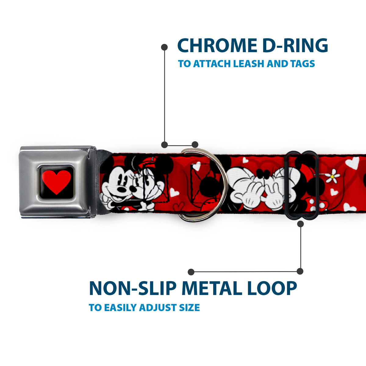 Heart Full Color Black/Red Seatbelt Buckle Collar - Mickey & Minnie HUGS & KISSES Poses Reds/White Dog Collars Seatbelt Buckle Disney