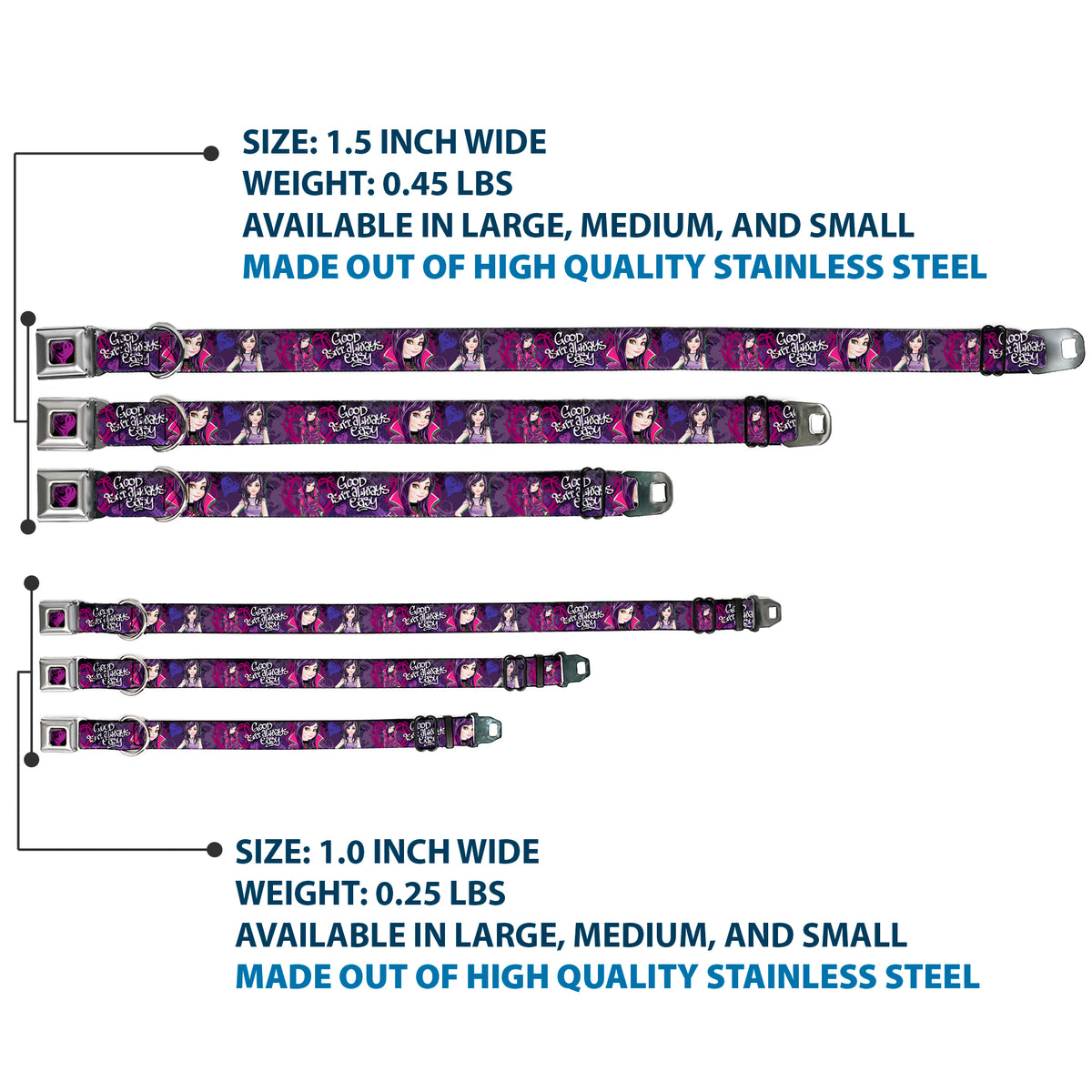 Descendants Dragon Heart Full Color Black/Purples Seatbelt Buckle Collar - Descendants Mal 3-Poses GOOD ISN'T ALWAYS/Hearts/Dragons EASY Purples/Pinks Dog Collars Seatbelt Buckle Disney