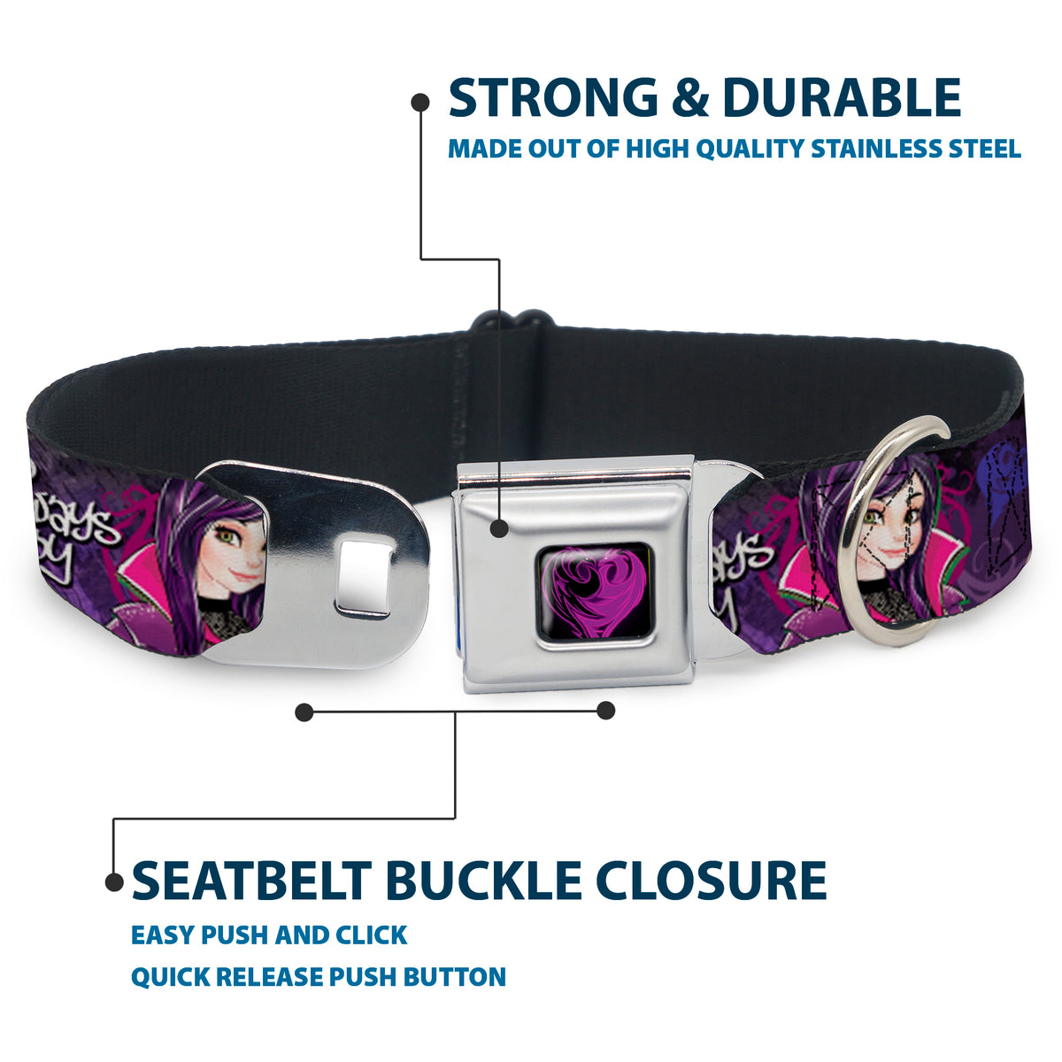 Descendants Dragon Heart Full Color Black/Purples Seatbelt Buckle Collar - Descendants Mal 3-Poses GOOD ISN'T ALWAYS/Hearts/Dragons EASY Purples/Pinks Dog Collars Seatbelt Buckle Disney