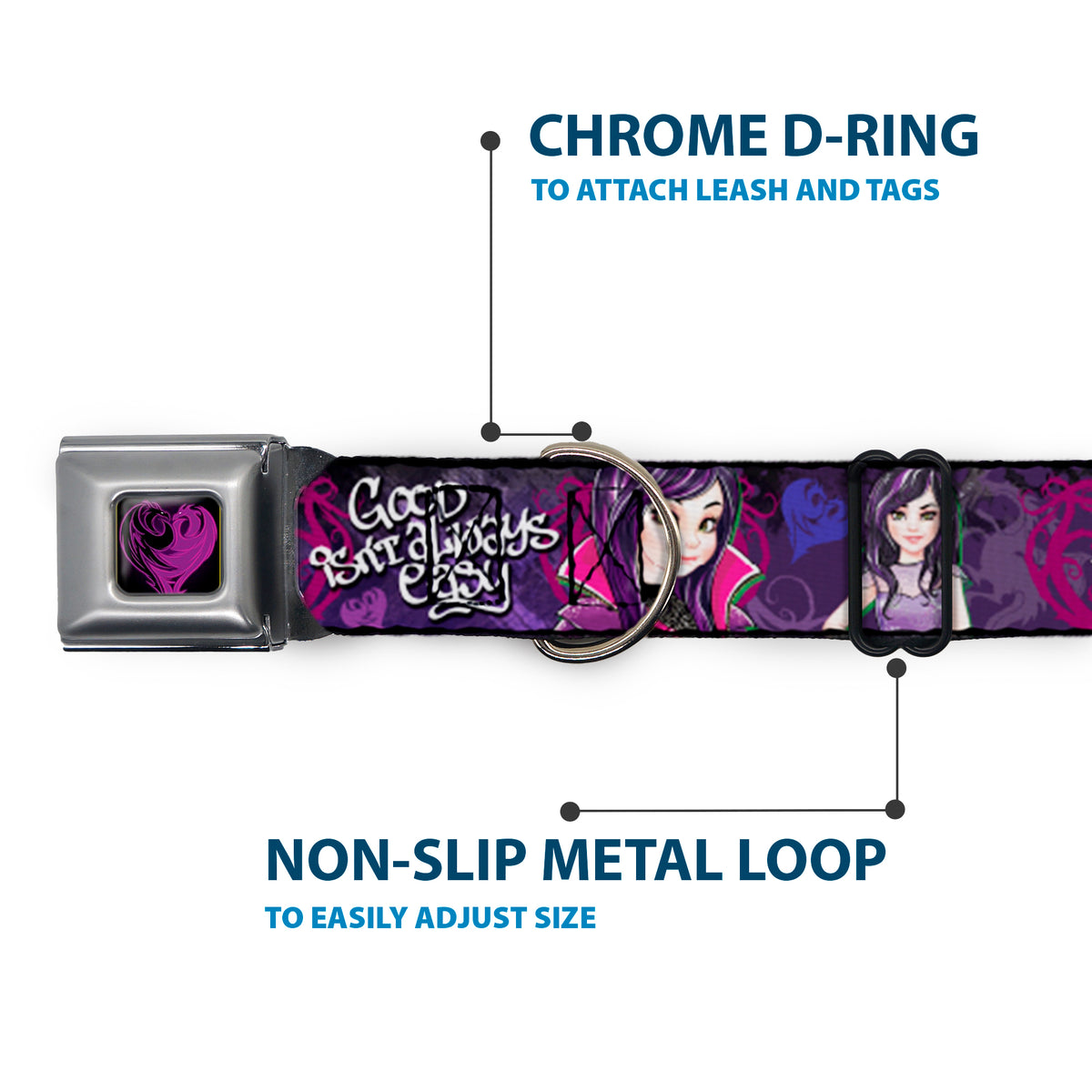 Descendants Dragon Heart Full Color Black/Purples Seatbelt Buckle Collar - Descendants Mal 3-Poses GOOD ISN'T ALWAYS/Hearts/Dragons EASY Purples/Pinks Dog Collars Seatbelt Buckle Disney