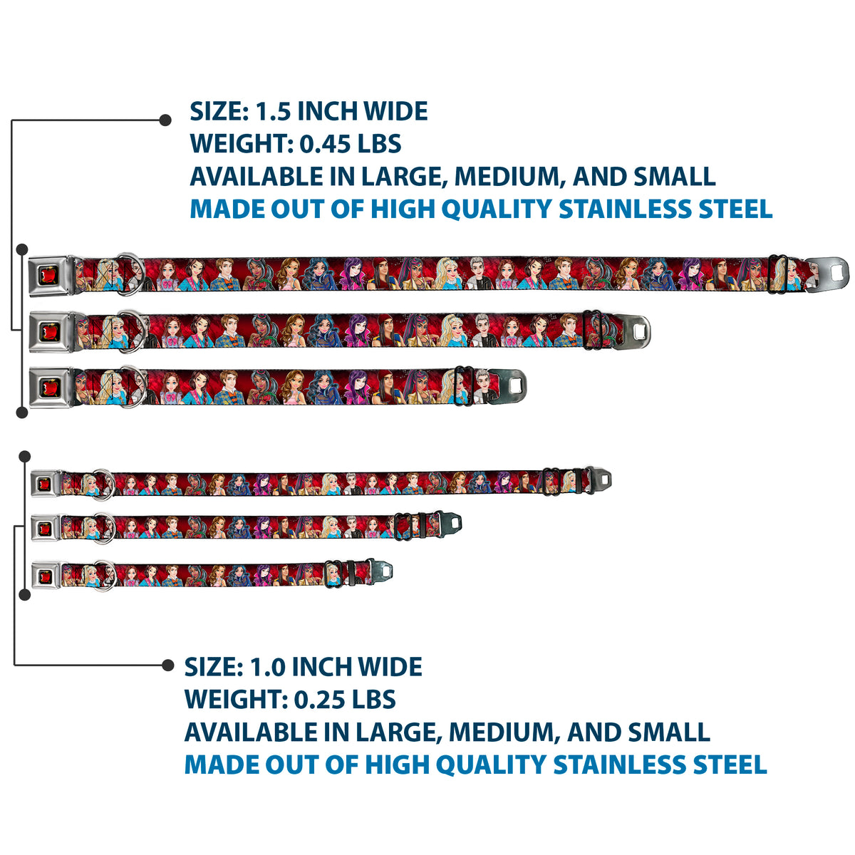 Descendants Apple Full Color Black/Red/Gold Seatbelt Buckle Collar - Descendants 11-Character Group Pose Reds/Gray Dog Collars Seatbelt Buckle Disney