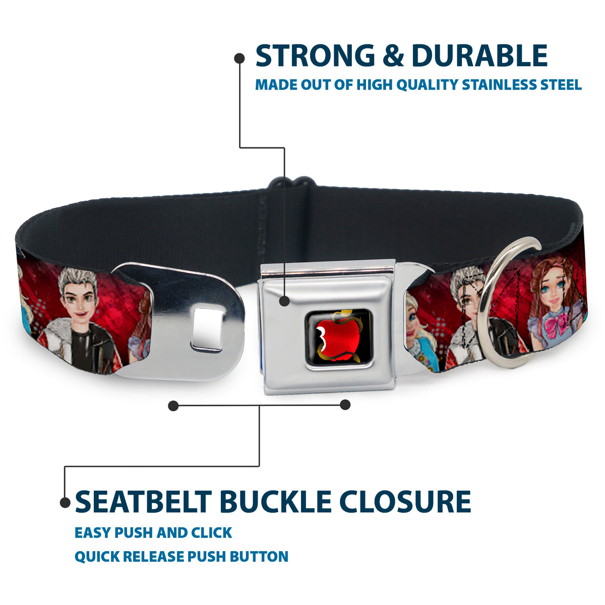 Descendants Apple Full Color Black/Red/Gold Seatbelt Buckle Collar - Descendants 11-Character Group Pose Reds/Gray Dog Collars Seatbelt Buckle Disney