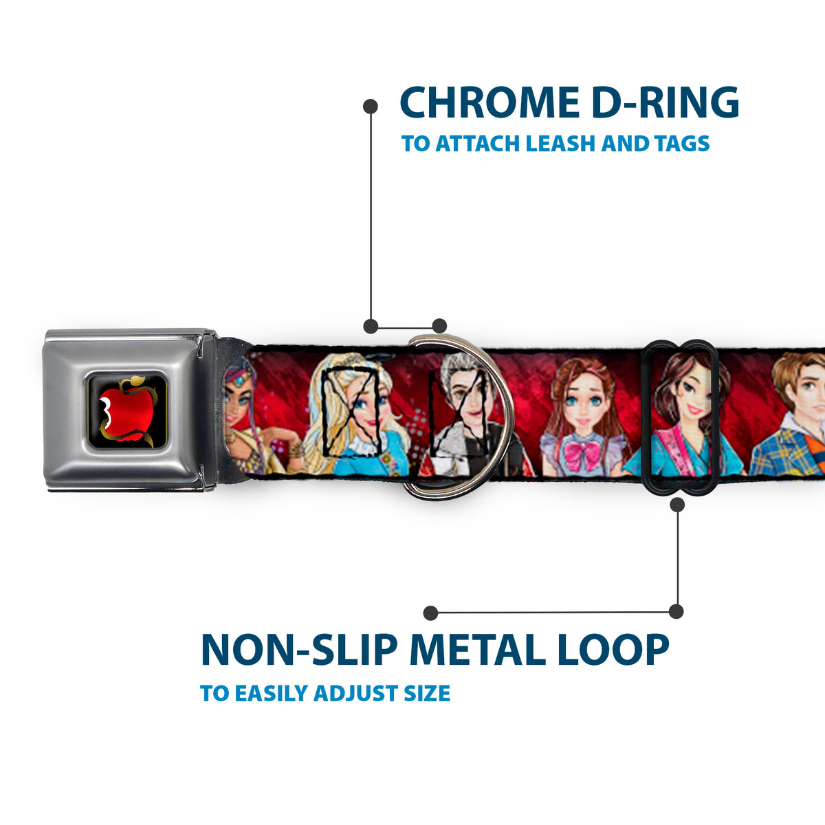 Descendants Apple Full Color Black/Red/Gold Seatbelt Buckle Collar - Descendants 11-Character Group Pose Reds/Gray Dog Collars Seatbelt Buckle Disney