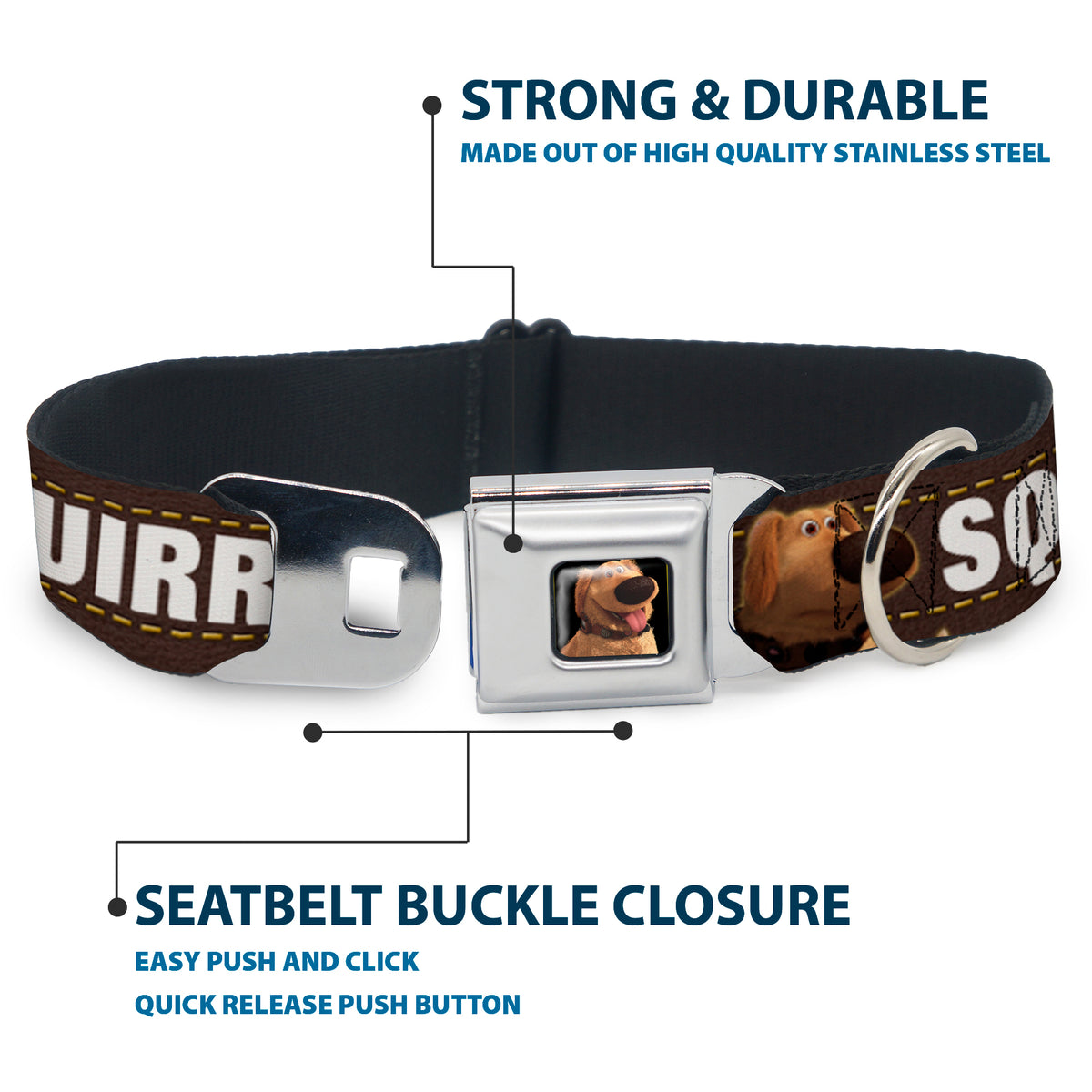 Dug Tongue Out Pose Full Color Black Seatbelt Buckle Collar - Dug 3-Poses/SQUIRREL! Brown/Yellow/White Dog Collars Seatbelt Buckle Disney