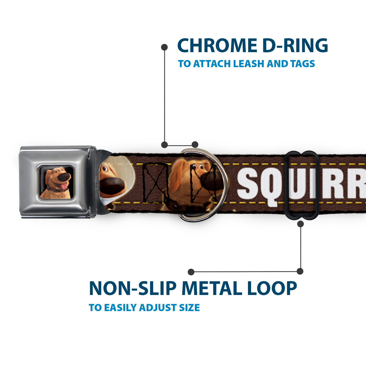 Dug Tongue Out Pose Full Color Black Seatbelt Buckle Collar - Dug 3-Poses/SQUIRREL! Brown/Yellow/White Dog Collars Seatbelt Buckle Disney