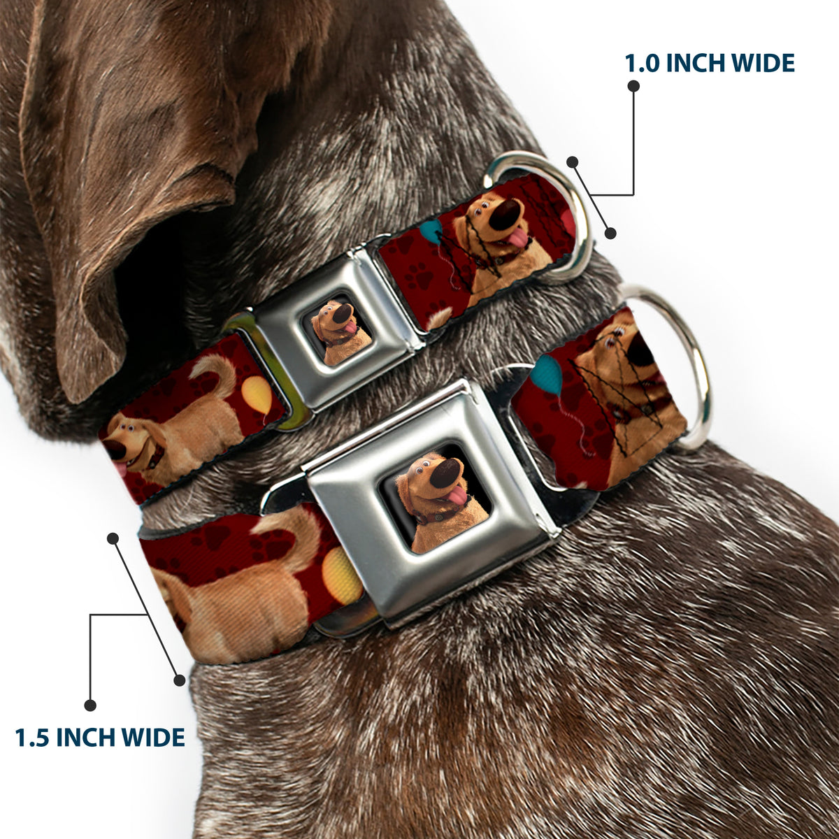Dug Tongue Out Pose Full Color Black Seatbelt Buckle Collar - Dug 4-Poses/Balloons/Paw Print Reds Dog Collars Seatbelt Buckle Disney