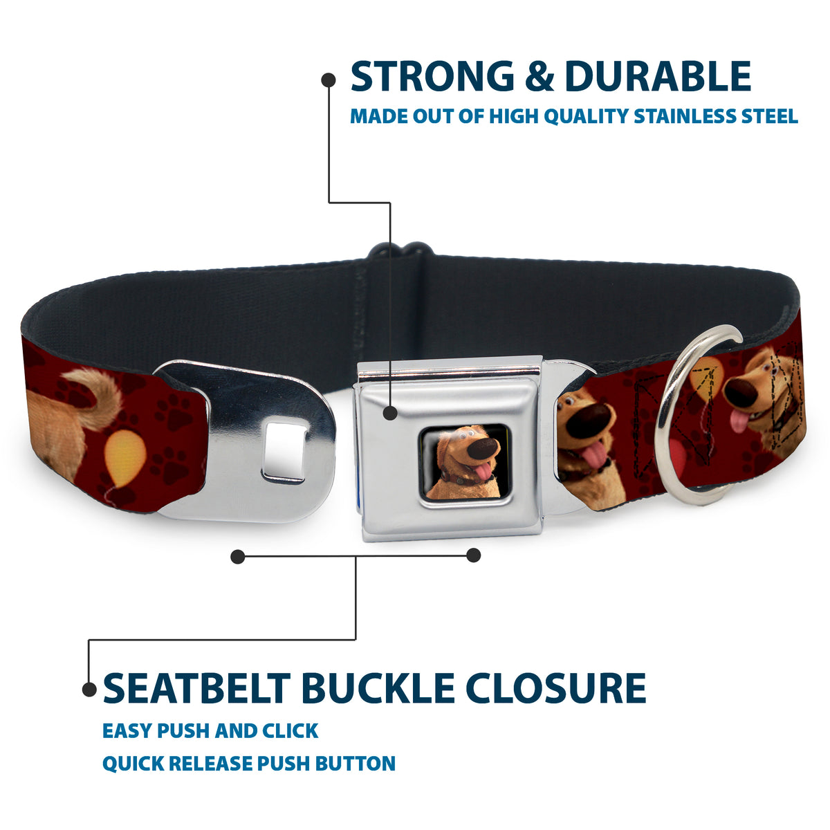 Dug Tongue Out Pose Full Color Black Seatbelt Buckle Collar - Dug 4-Poses/Balloons/Paw Print Reds Dog Collars Seatbelt Buckle Disney