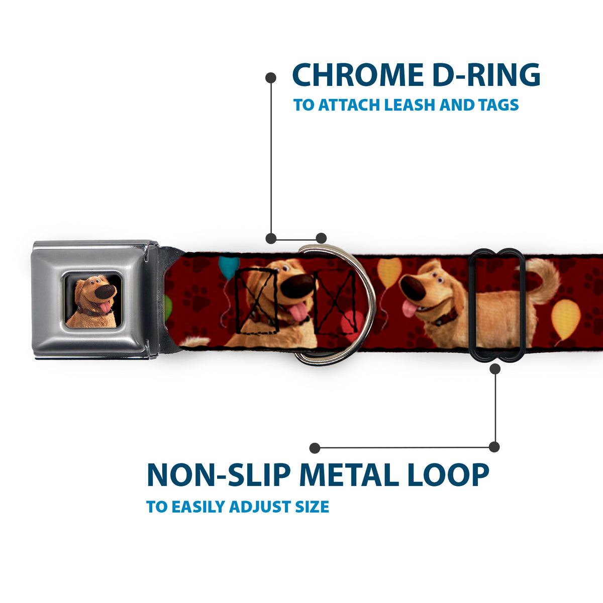 Dug Tongue Out Pose Full Color Black Seatbelt Buckle Collar - Dug 4-Poses/Balloons/Paw Print Reds Dog Collars Seatbelt Buckle Disney