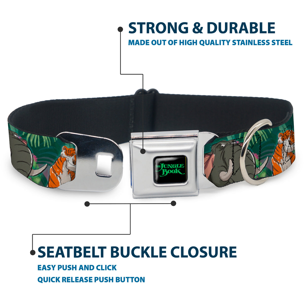 THE JUNGLE BOOK Full Color Black/Green Seatbelt Buckle Collar - The Jungle Book 8-Character Group Greens Dog Collars Seatbelt Buckle Disney