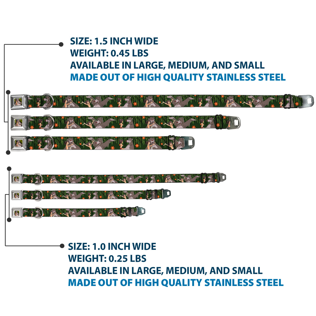 Mowgli & Baloo Hugging/Leaves Full Color Black/Greens Seatbelt Buckle Collar - Mowgli & Baloo 3-Poses Leaves/Flowers Greens/Orange Dog Collars Seatbelt Buckle Disney