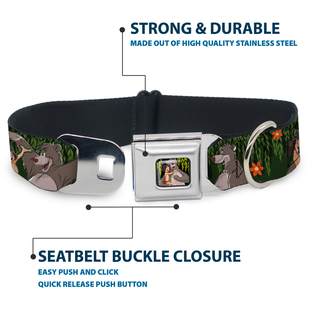 Mowgli & Baloo Hugging/Leaves Full Color Black/Greens Seatbelt Buckle Collar - Mowgli & Baloo 3-Poses Leaves/Flowers Greens/Orange Dog Collars Seatbelt Buckle Disney