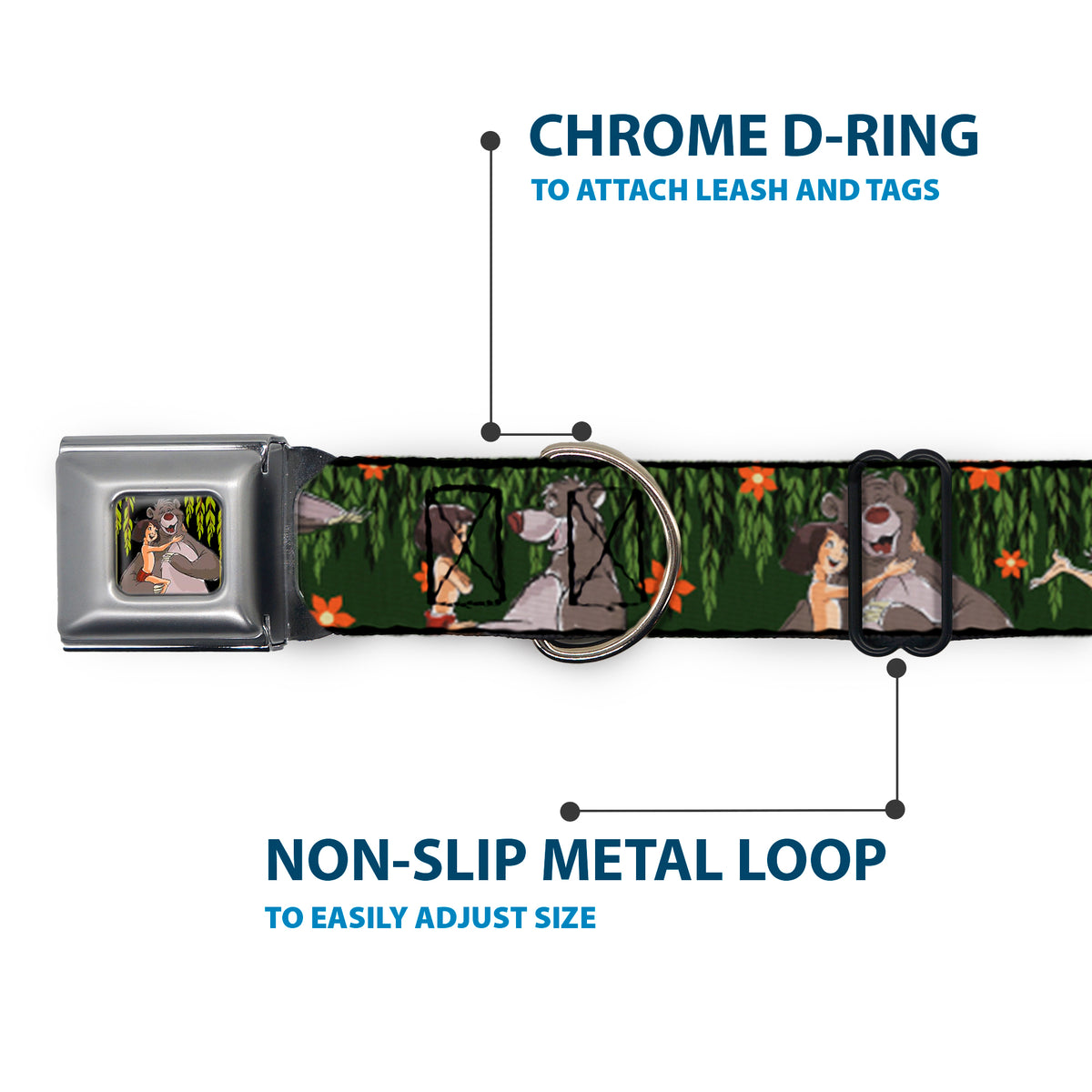 Mowgli & Baloo Hugging/Leaves Full Color Black/Greens Seatbelt Buckle Collar - Mowgli & Baloo 3-Poses Leaves/Flowers Greens/Orange Dog Collars Seatbelt Buckle Disney