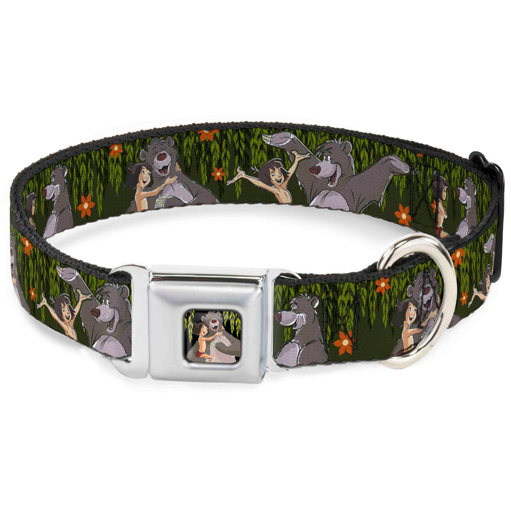 Mowgli & Baloo Hugging/Leaves Full Color Black/Greens Seatbelt Buckle Collar - Mowgli & Baloo 3-Poses Leaves/Flowers Greens/Orange Dog Collars Seatbelt Buckle Disney