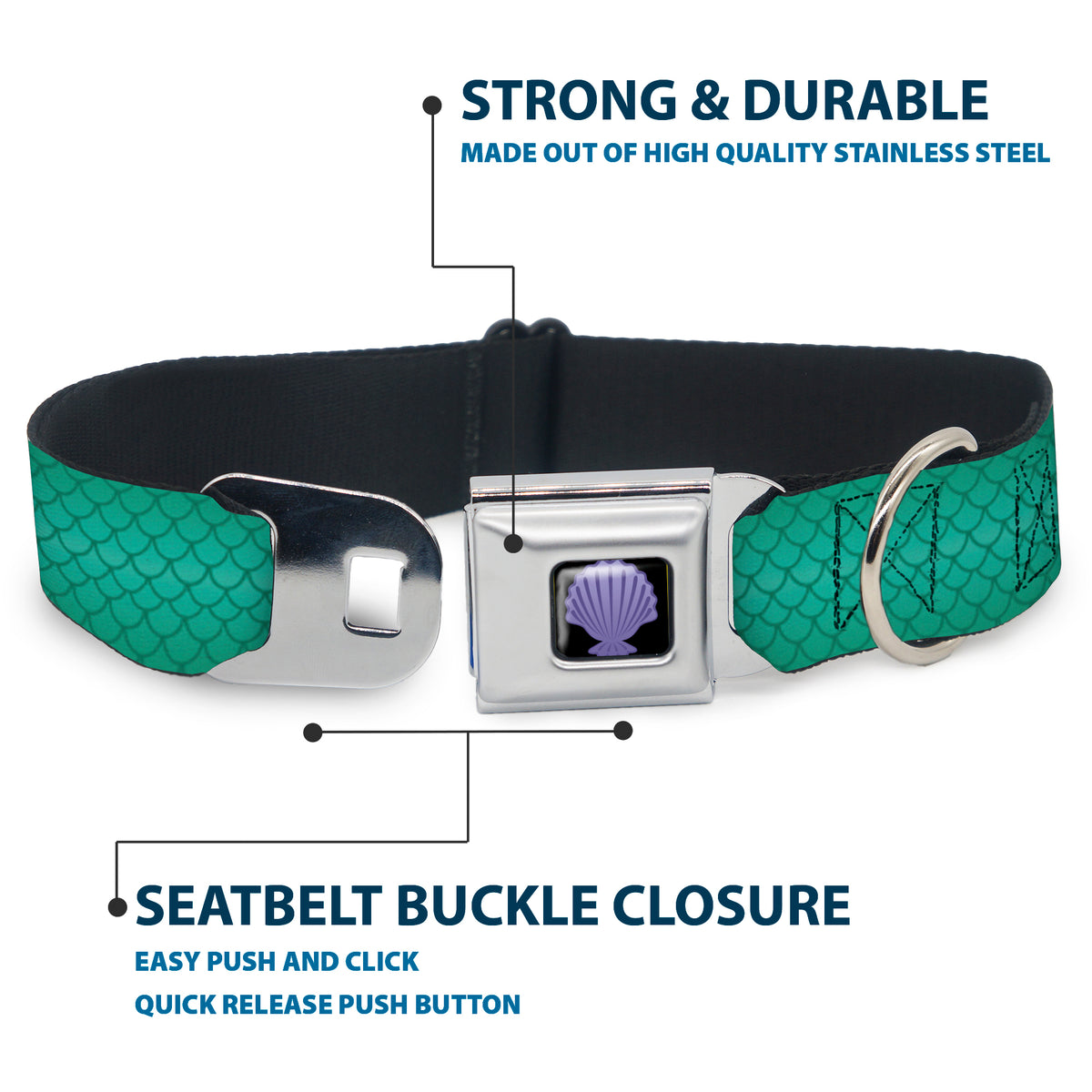 Little Mermaid Clam Shell Full Color Black/Purples Seatbelt Buckle Collar - Ariel's Scales Turquoise Blues Dog Collars Seatbelt Buckle Disney