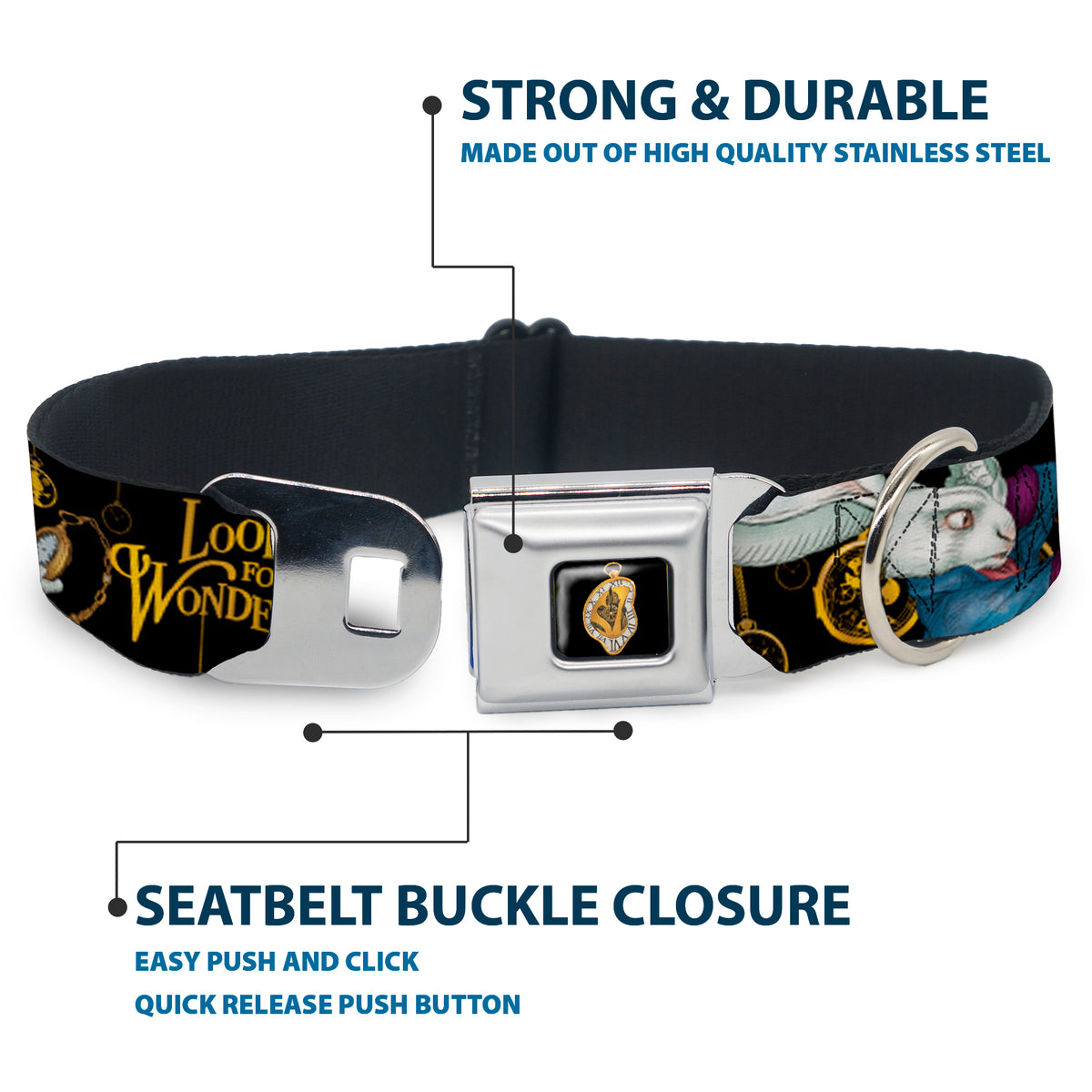 Alice in Wonderland Clock Full Color Black/Gold/White Seatbelt Buckle Collar - White Rabbit Poses LOOKING FOR WONDERLAND/Clocks Black/Golds Dog Collars Seatbelt Buckle Disney