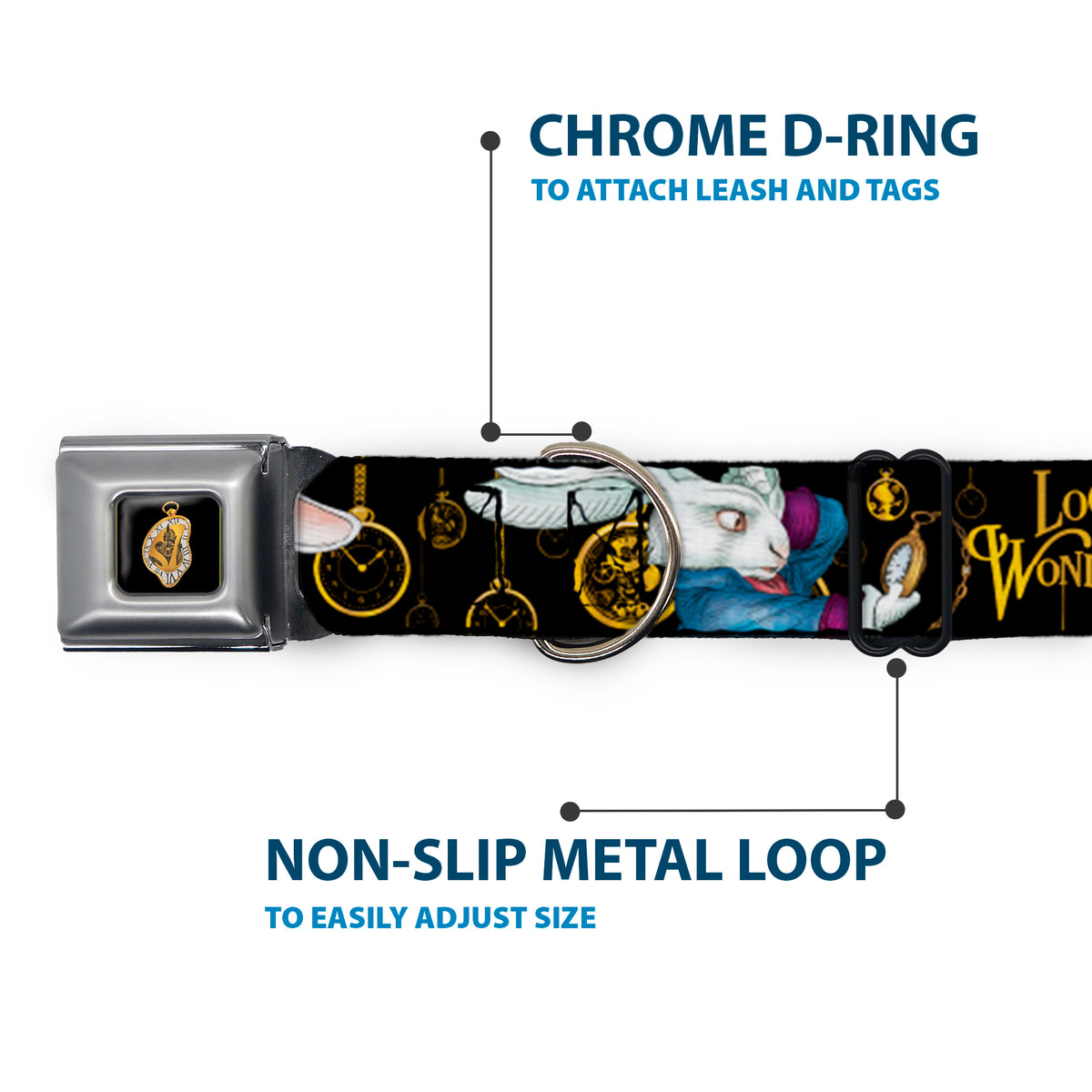 Alice in Wonderland Clock Full Color Black/Gold/White Seatbelt Buckle Collar - White Rabbit Poses LOOKING FOR WONDERLAND/Clocks Black/Golds Dog Collars Seatbelt Buckle Disney