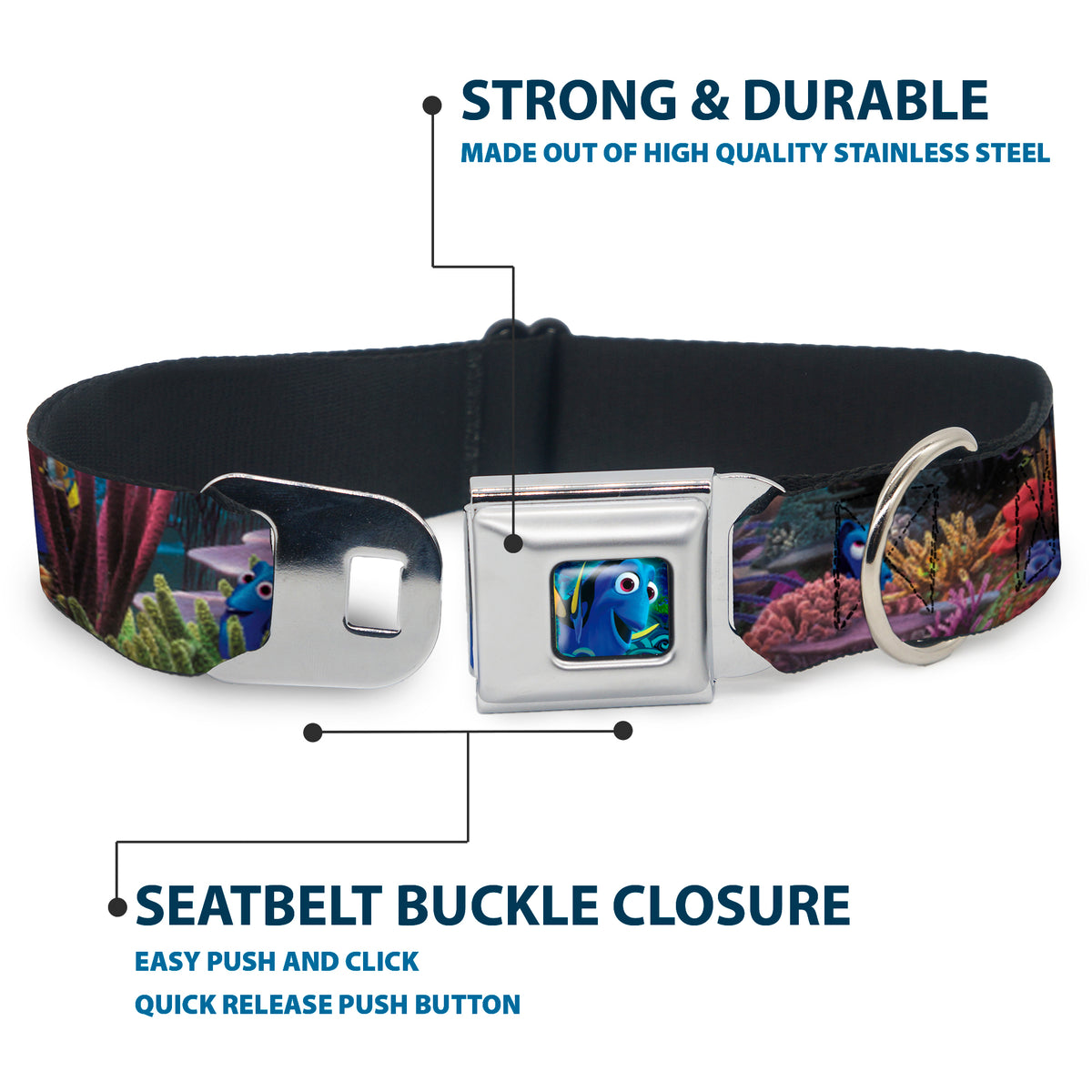 Dory Pose3/Swirls Full Color Blues Seatbelt Buckle Collar - Dory 4-Hiding Poses Under the Sea Dog Collars Seatbelt Buckle Disney