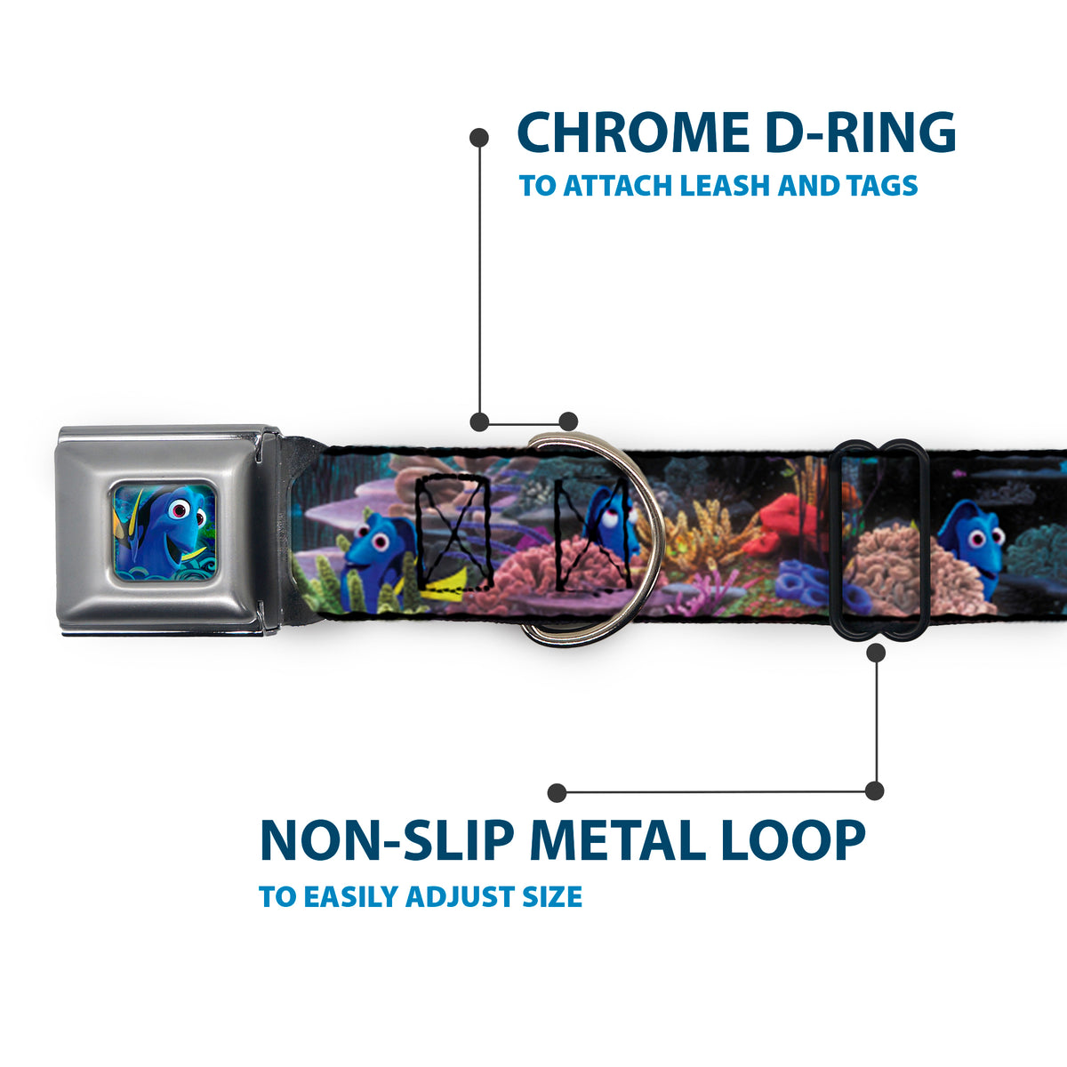 Dory Pose3/Swirls Full Color Blues Seatbelt Buckle Collar - Dory 4-Hiding Poses Under the Sea Dog Collars Seatbelt Buckle Disney