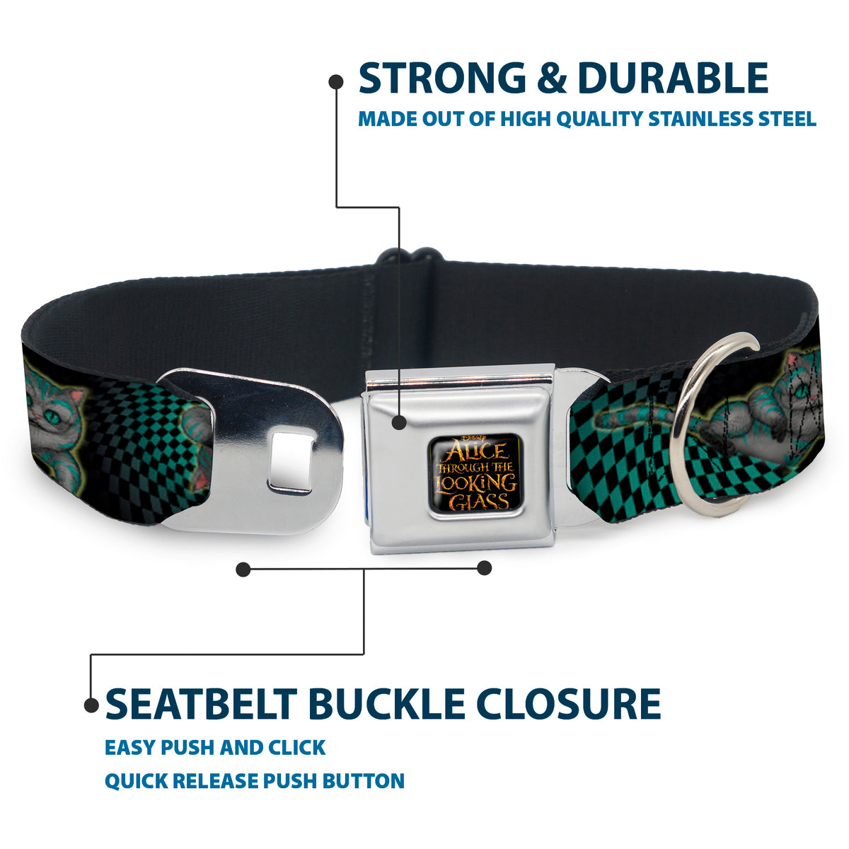 ALICE THROUGH THE LOOKING GLASS Logo Full Color Black/Gold Seatbelt Buckle Collar - Cheshire Cat 4-Poses Checkers Teal/Black Dog Collars Seatbelt Buckle Disney