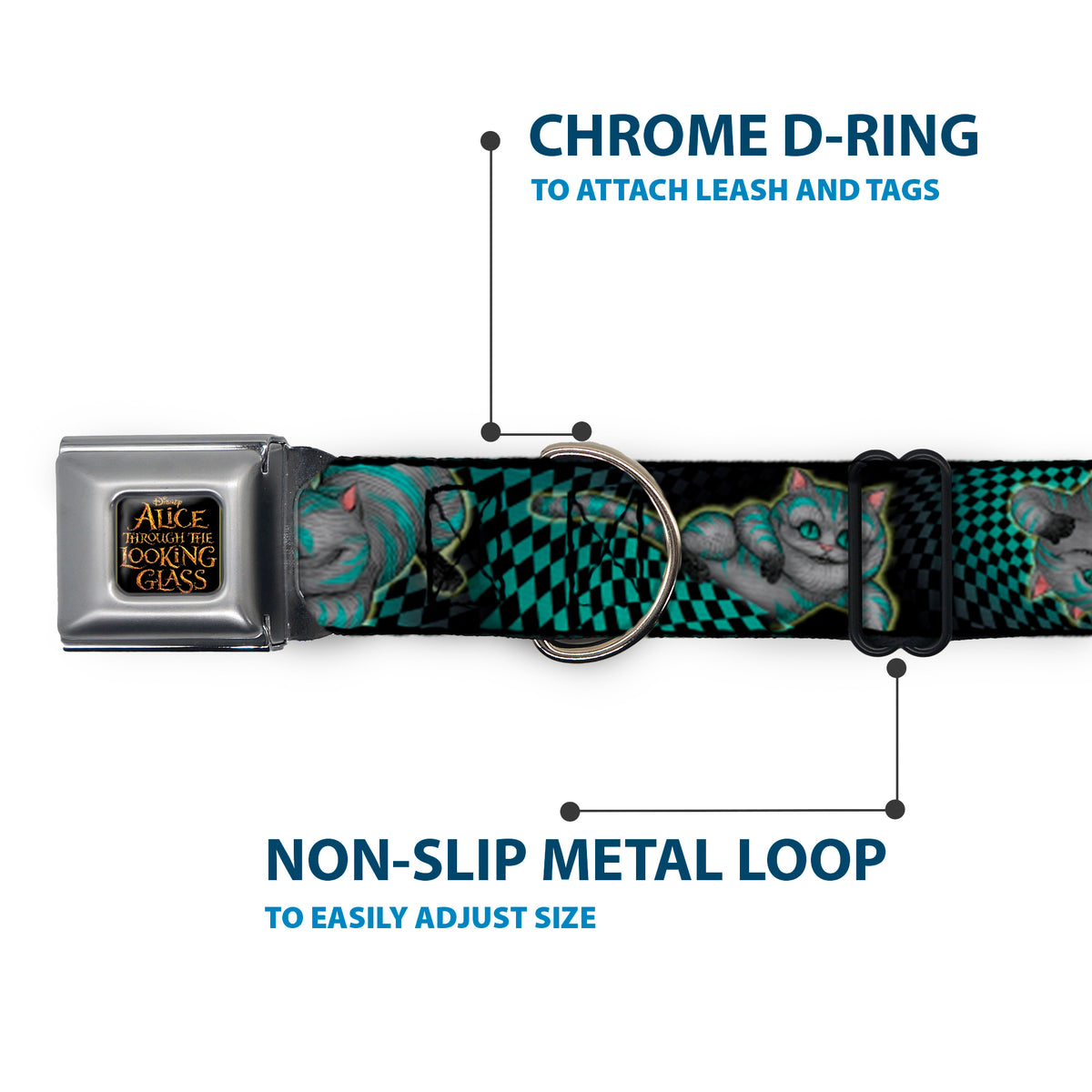 ALICE THROUGH THE LOOKING GLASS Logo Full Color Black/Gold Seatbelt Buckle Collar - Cheshire Cat 4-Poses Checkers Teal/Black Dog Collars Seatbelt Buckle Disney