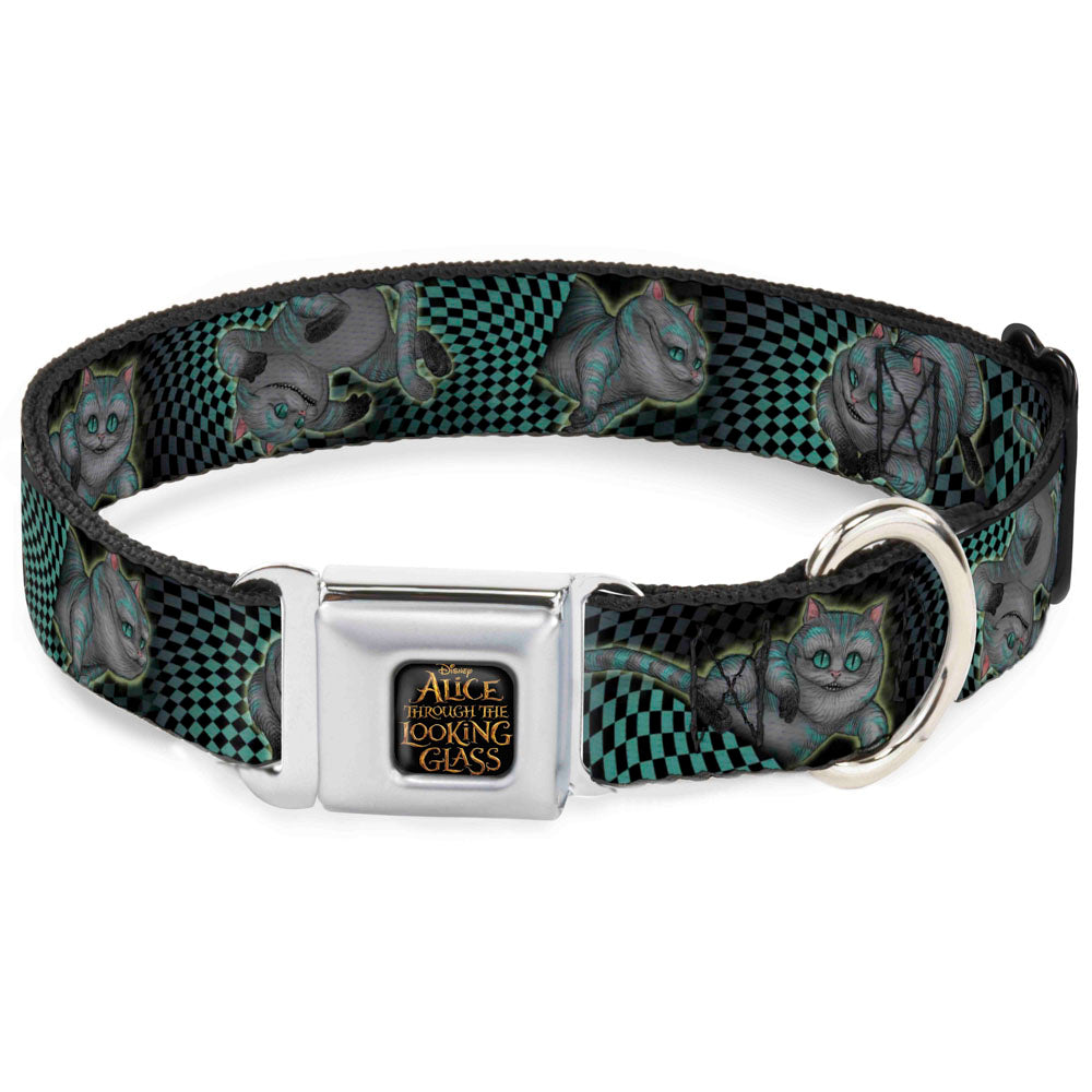 ALICE THROUGH THE LOOKING GLASS Logo Full Color Black/Gold Seatbelt Buckle Collar - Cheshire Cat 4-Poses Checkers Teal/Black Dog Collars Seatbelt Buckle Disney