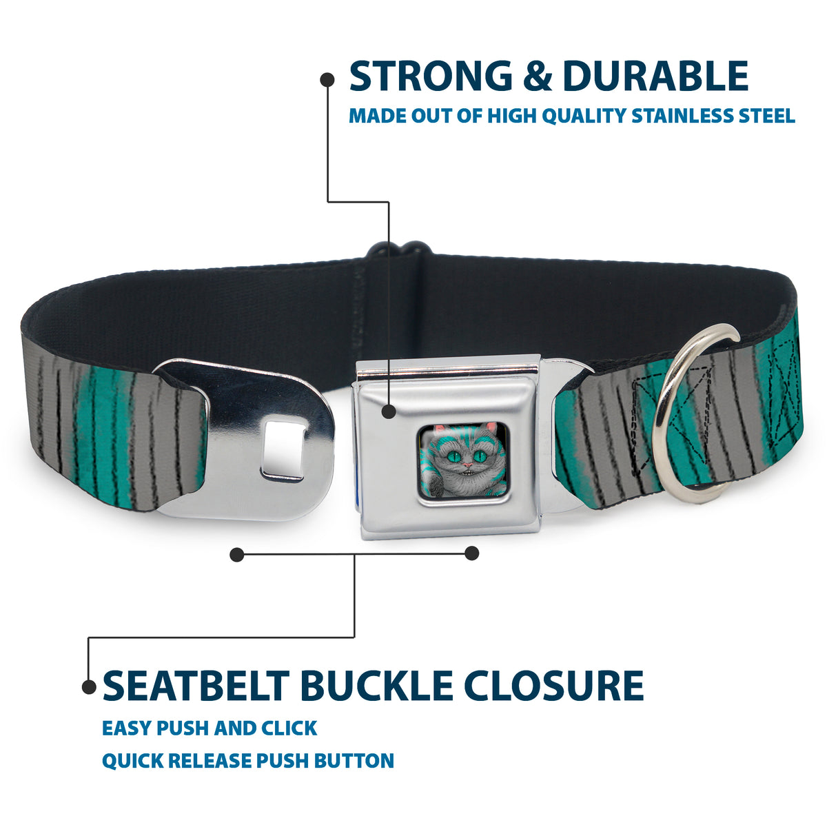 Alice Through the Looking Glass Cheshire Cat Pose Full Color Black Seatbelt Buckle Collar - Cheshire Cat Stripes Gray/Teal/Black Dog Collars Seatbelt Buckle Disney