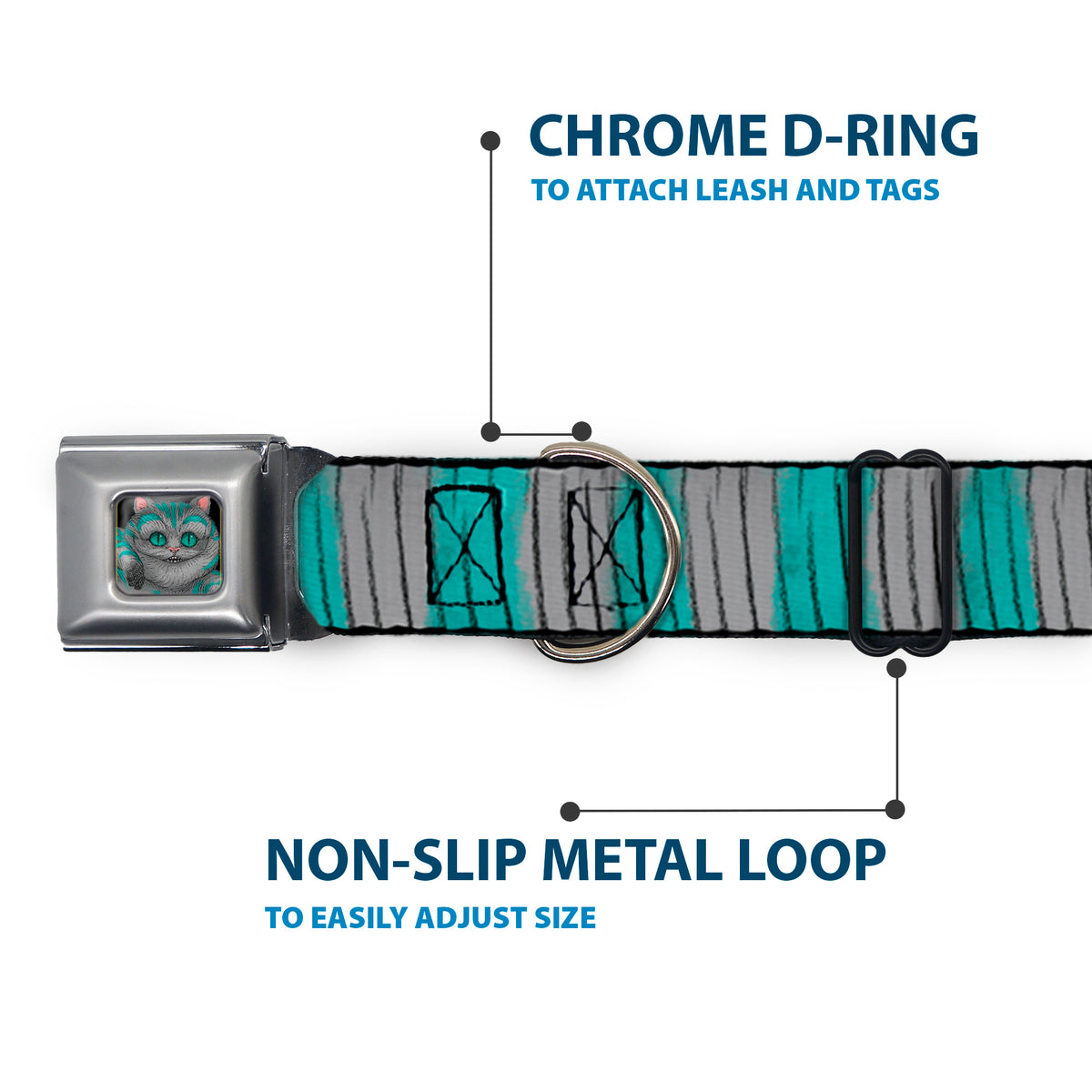 Alice Through the Looking Glass Cheshire Cat Pose Full Color Black Seatbelt Buckle Collar - Cheshire Cat Stripes Gray/Teal/Black Dog Collars Seatbelt Buckle Disney