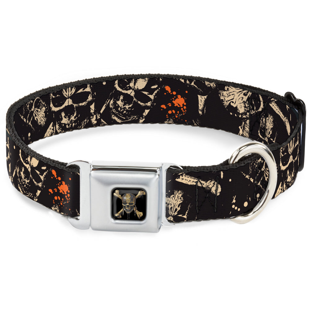 Pirates of The Caribbean Dead Men Tell No Tales Skull Icon Full Color Black Seatbelt Buckle Collar - Pirates Skulls Scattered/Splatter Black/Tan/Red Dog Collars Seatbelt Buckle Disney