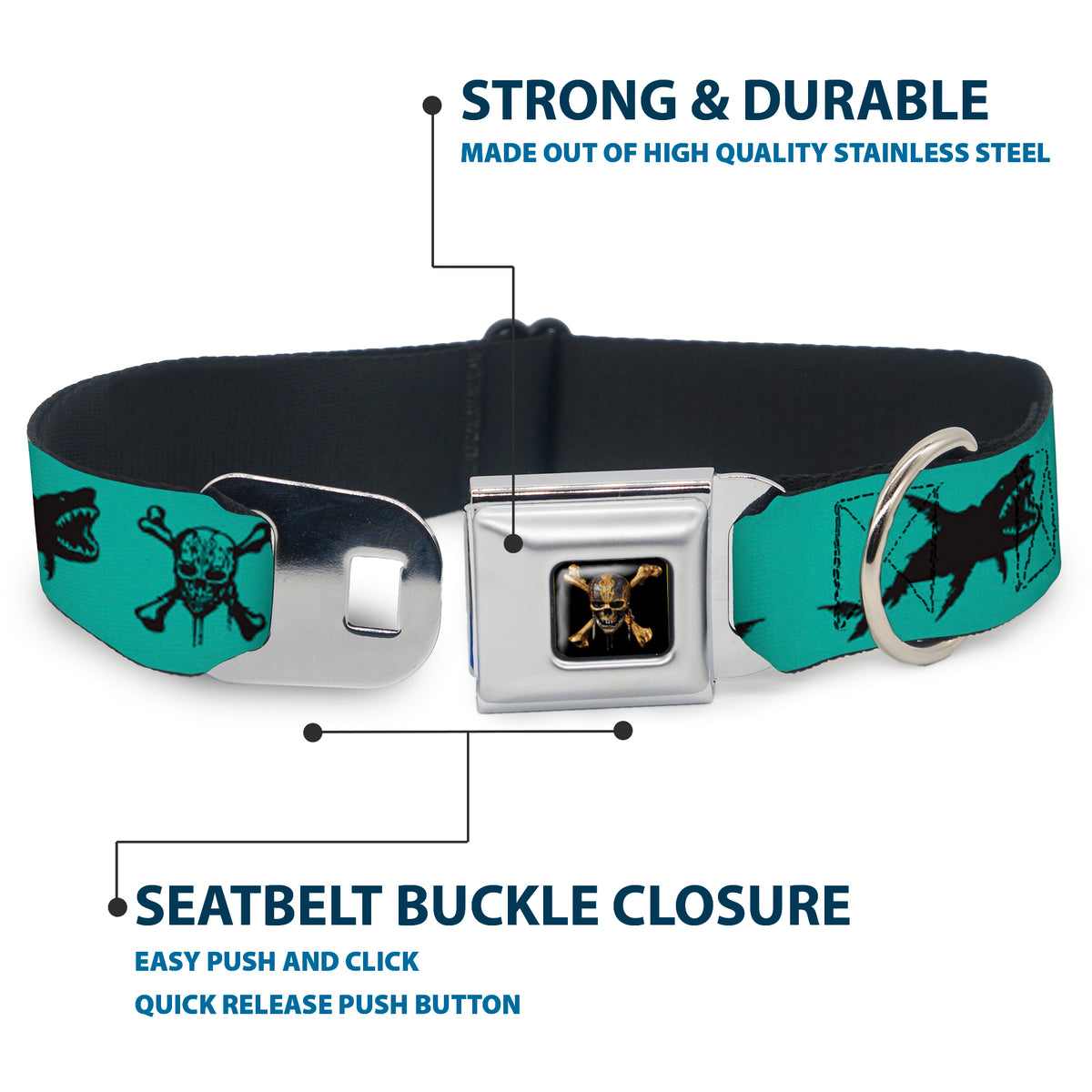 Pirates of The Caribbean Dead Men Tell No Tales Skull Icon Full Color Black Seatbelt Buckle Collar - Pirates Skull & Crossbones/Sharks Turquoise/Black Dog Collars Seatbelt Buckle Disney