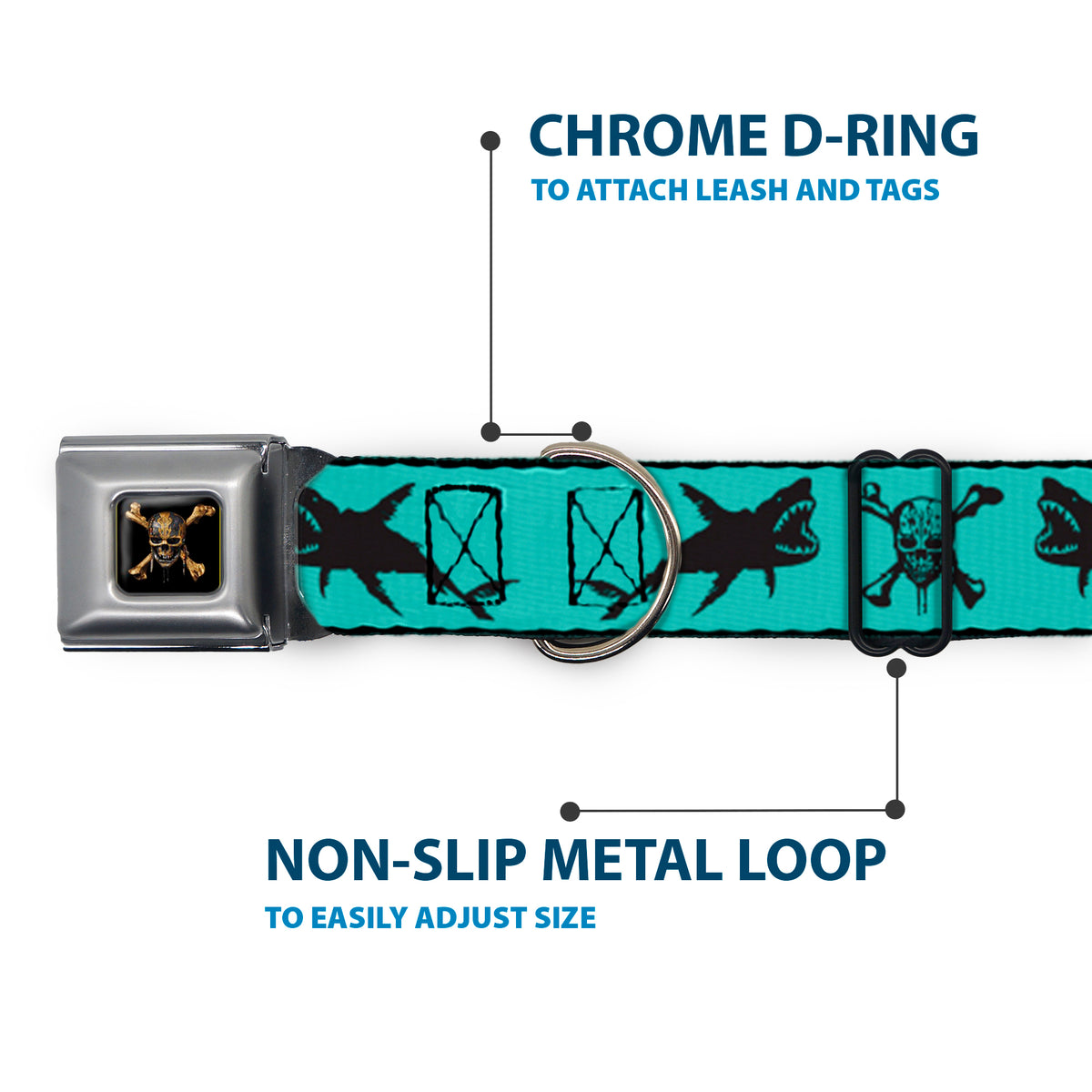 Pirates of The Caribbean Dead Men Tell No Tales Skull Icon Full Color Black Seatbelt Buckle Collar - Pirates Skull & Crossbones/Sharks Turquoise/Black Dog Collars Seatbelt Buckle Disney